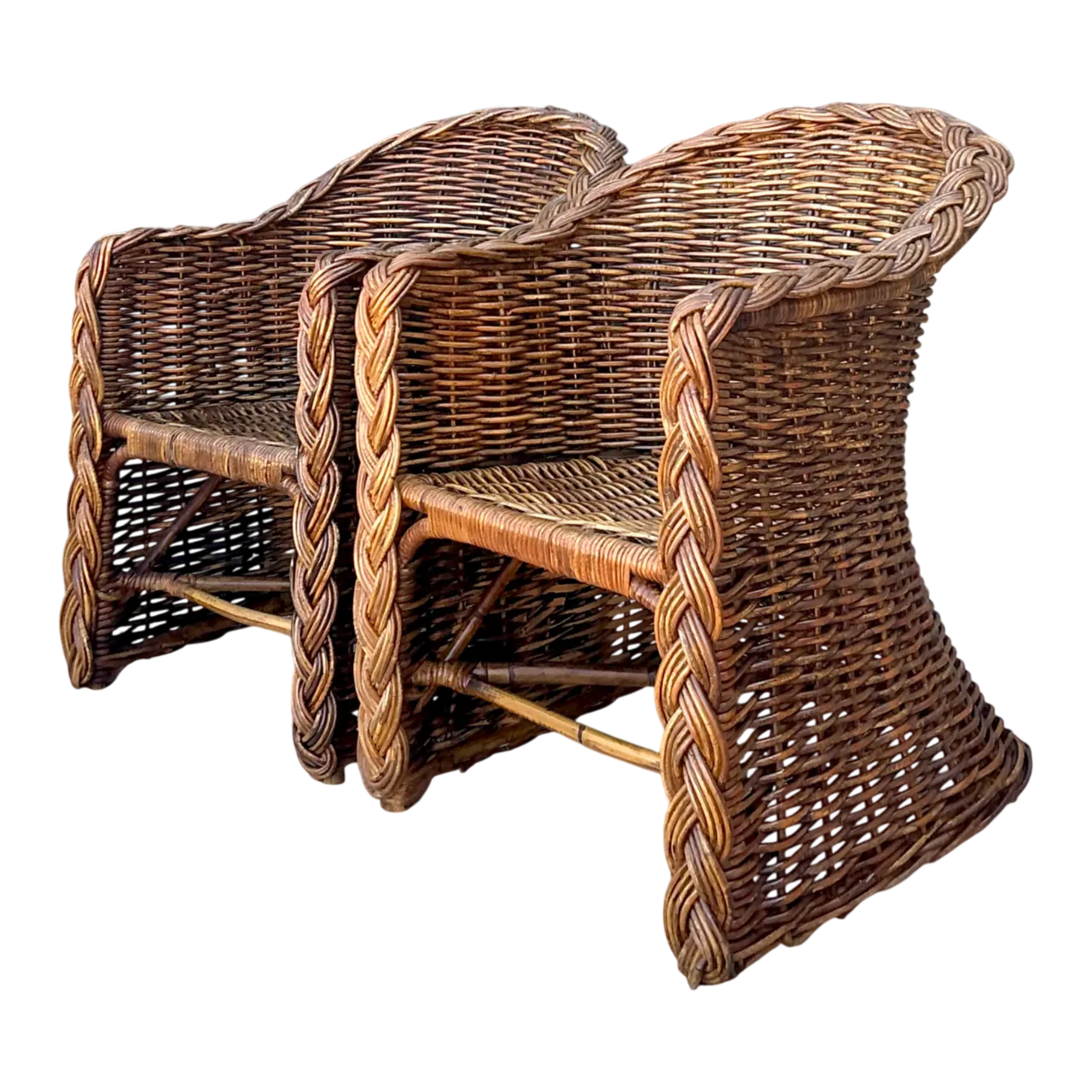 Vintage Woven Rattan Lounge Chairs - Pair
