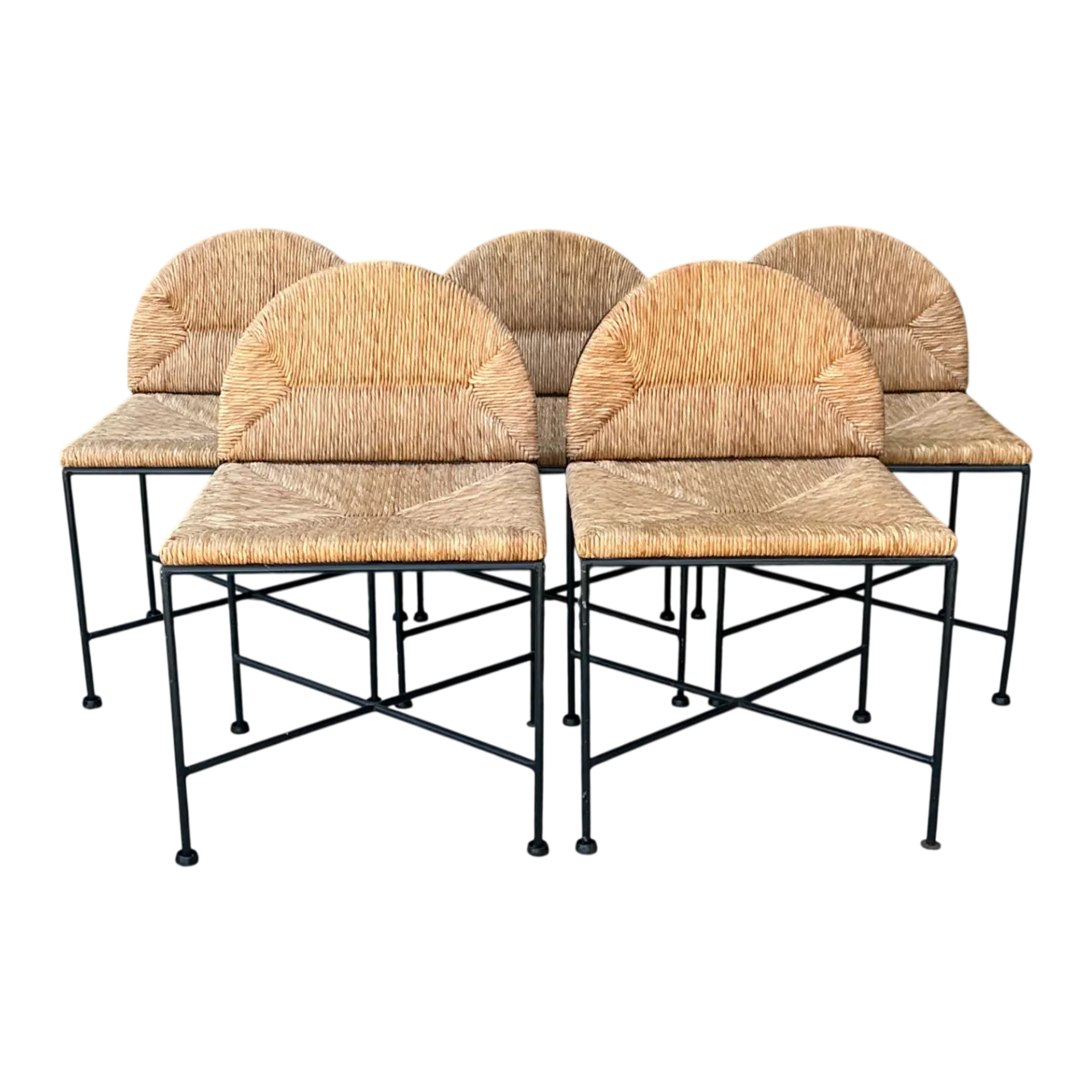 Vintage Woven Rush and Metal Dining Chairs - Set of 5