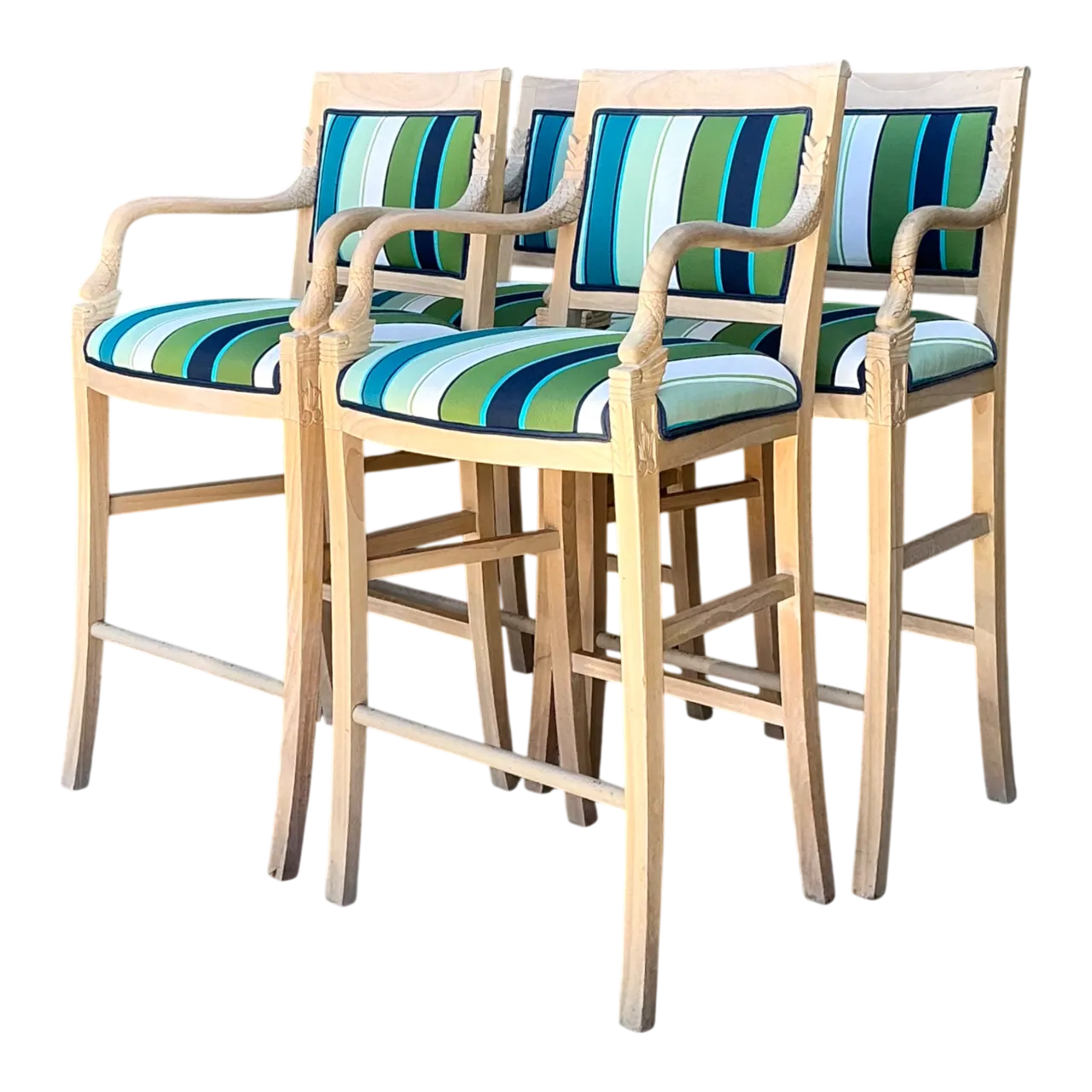 Vintage Carved Dolphin and Fabric Bar Stools - Set of 4