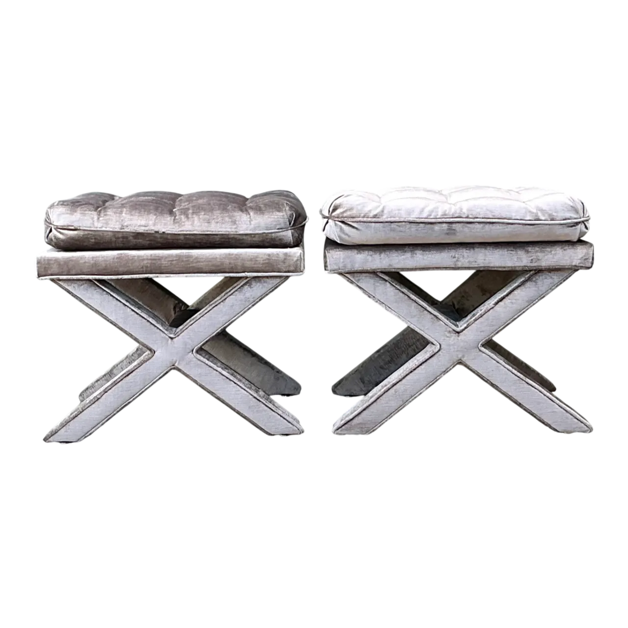 Vintage Tufted Velvet X Benches - A Pair