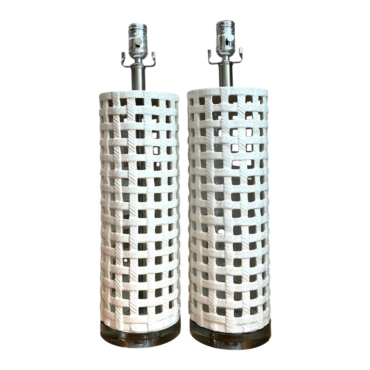 Vintage Lattice Ceramic and Chrome Lamps - Pair