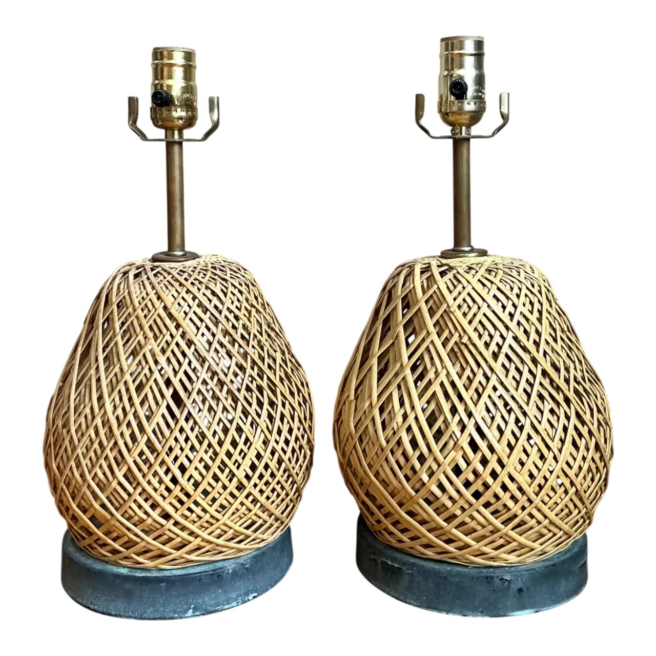 Vintage Rattan and Verdigris Metal Table Lamps - Pair