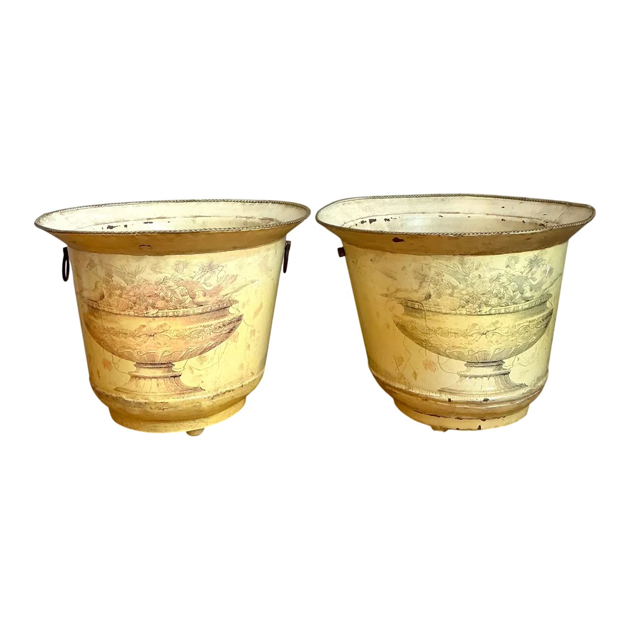 Vintage Distressed French Toile Metal Cache Pot - A Pair