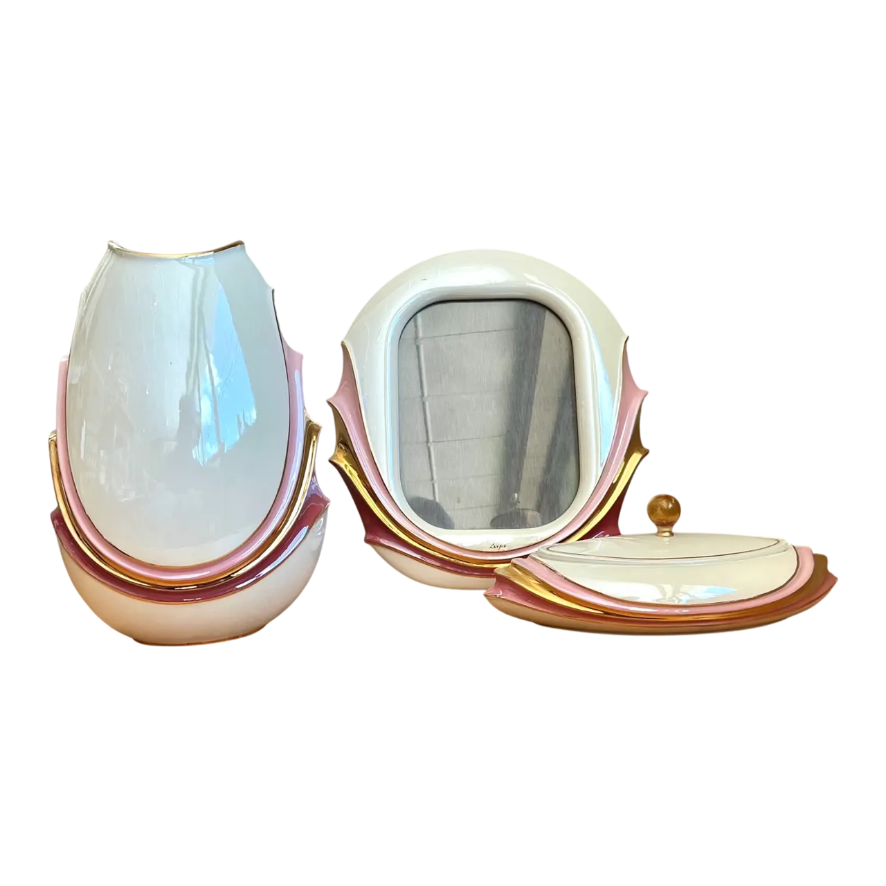 Vintage Italian Decorative Porcelain and Gold Plated Vanity Set