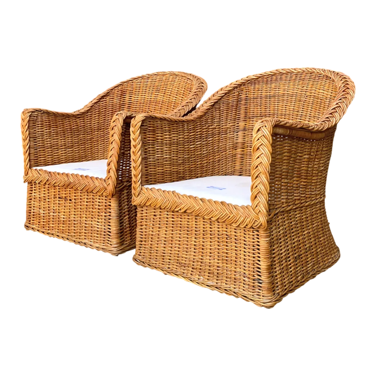 Vintage Braided Rattan Lounge Chairs - Pair