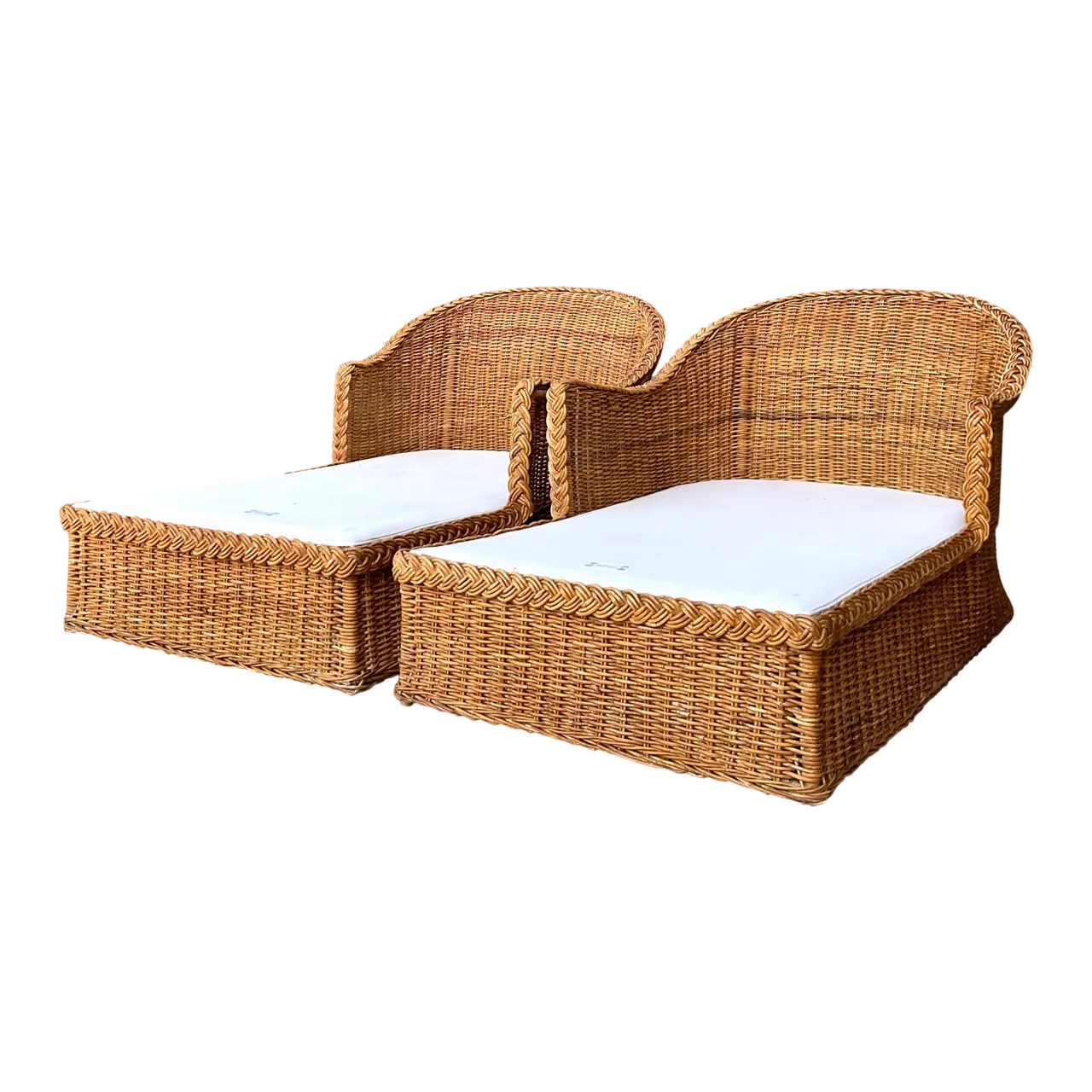 Vintage Braided Rattan Chaise Lounges - Pair