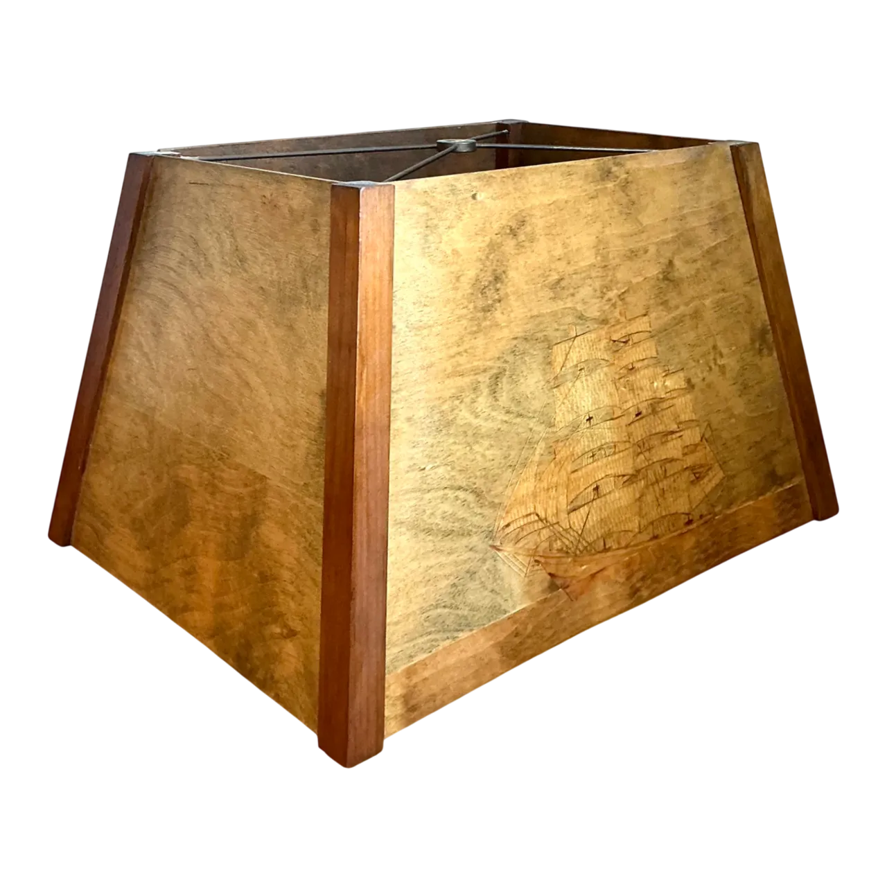 Vintage Wood Lampshade with Ship Carving