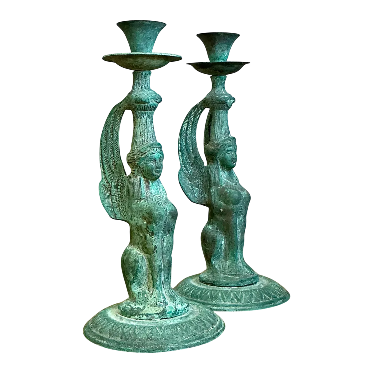 Vintage Patinated Metal Winged Sphinx Candelabras - Pair