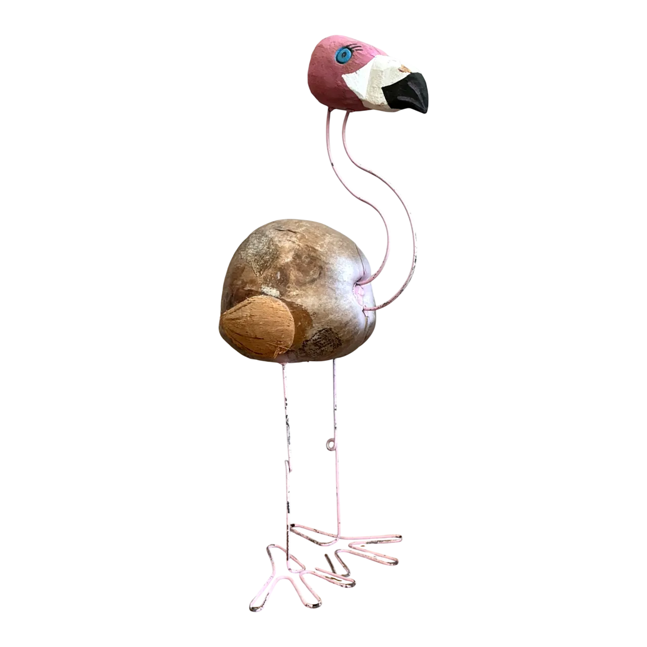 Vintage Coconut and Metal Flamingo Sculpture
