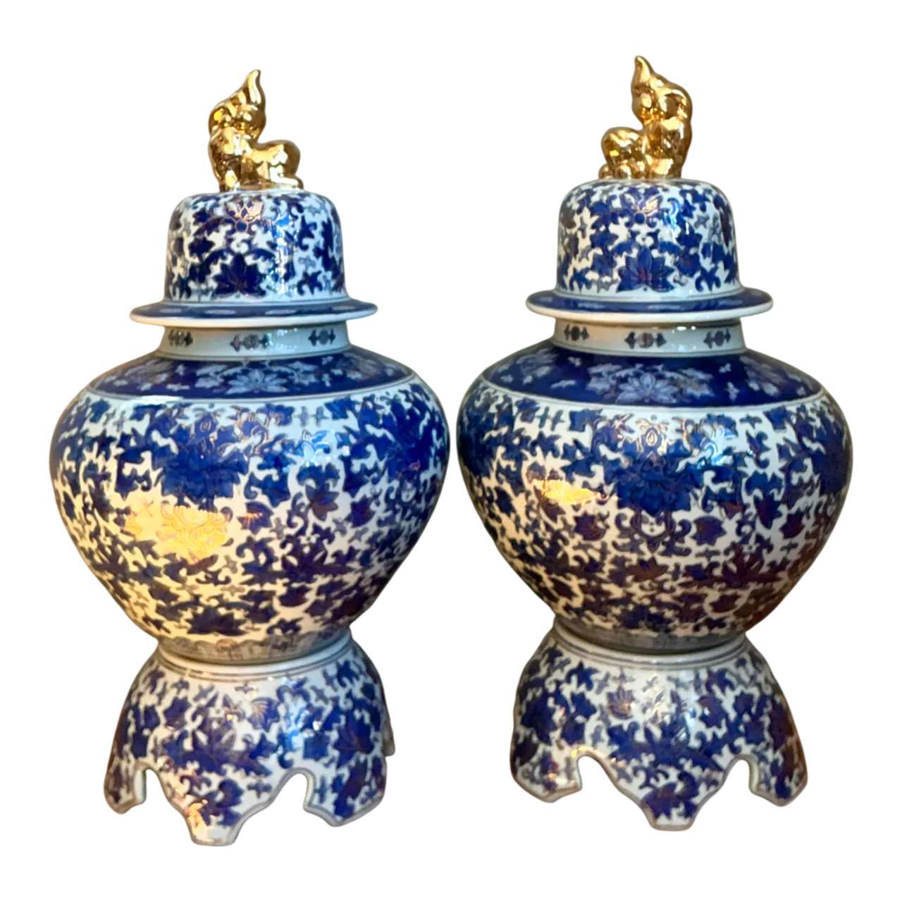 Vintage Blue and White Ceramic Lidded Jars - Pair