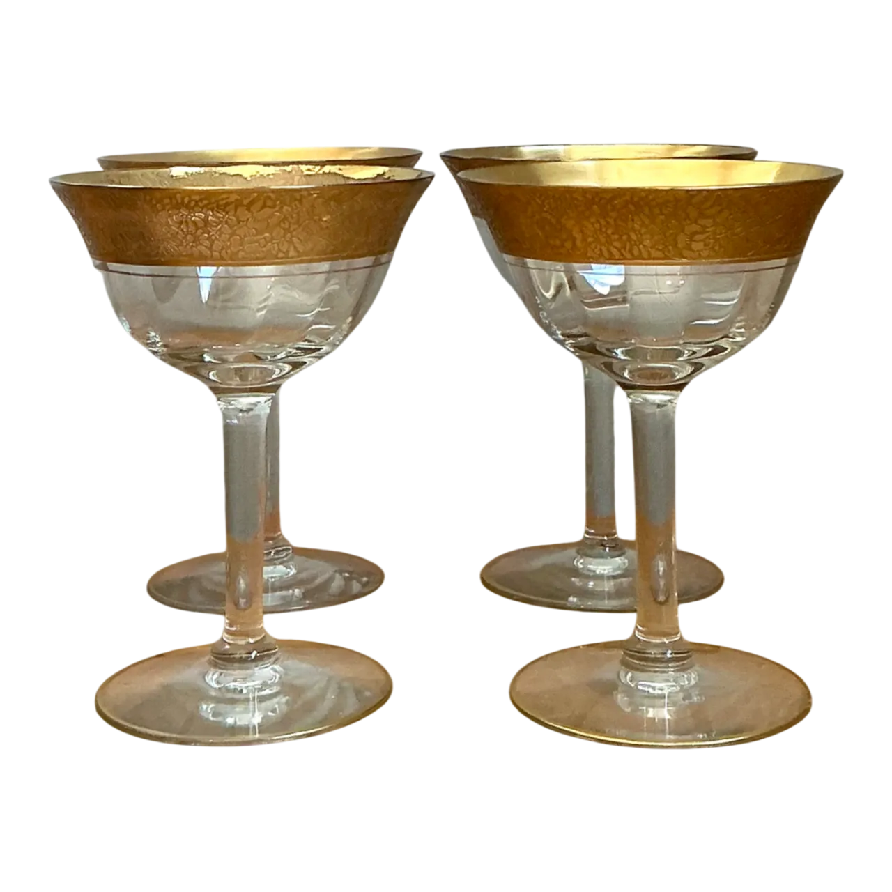 Vintage Gold Plated Rim Coupe Glasses - Set of 4