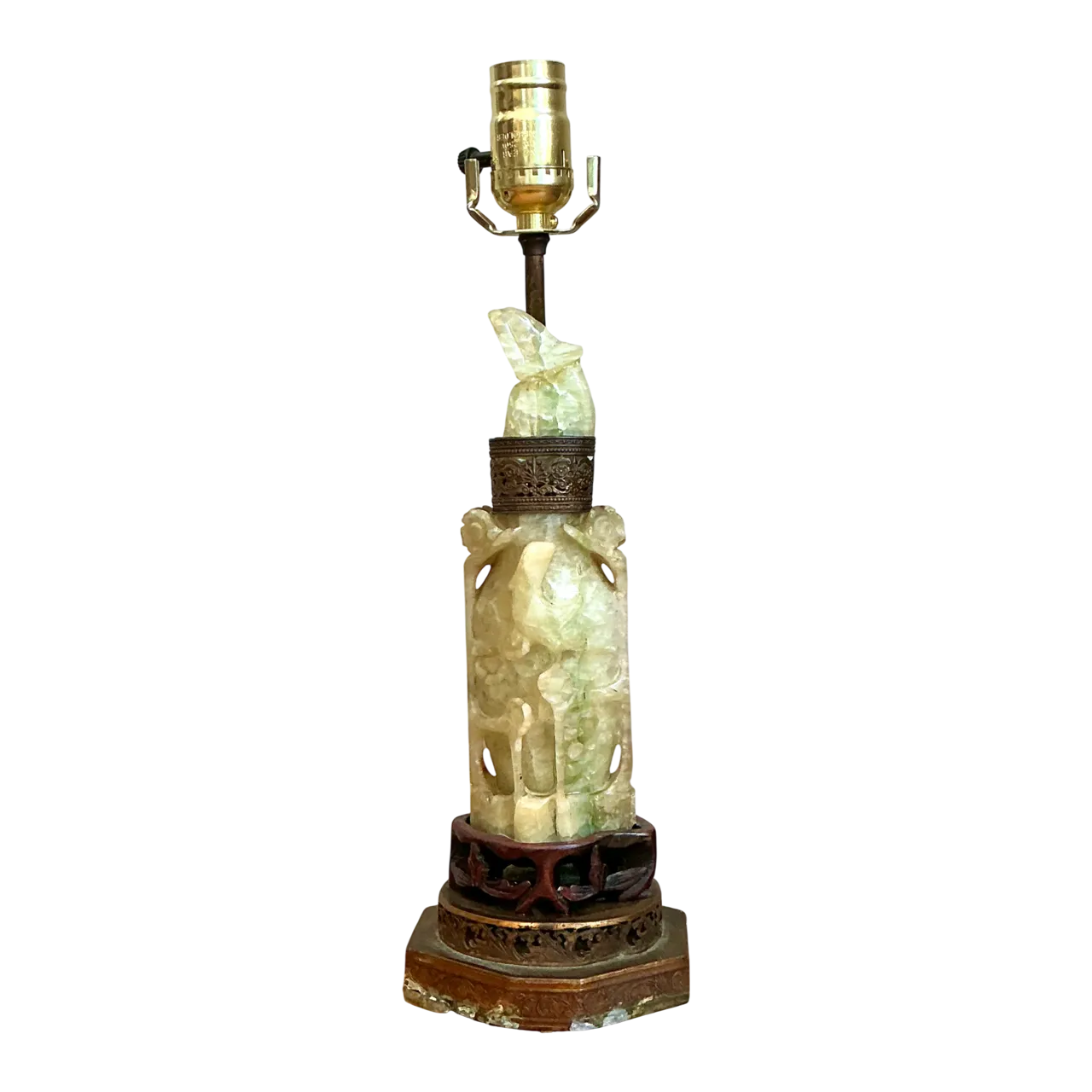 Vintage Jadite Carved Lamp with Brass