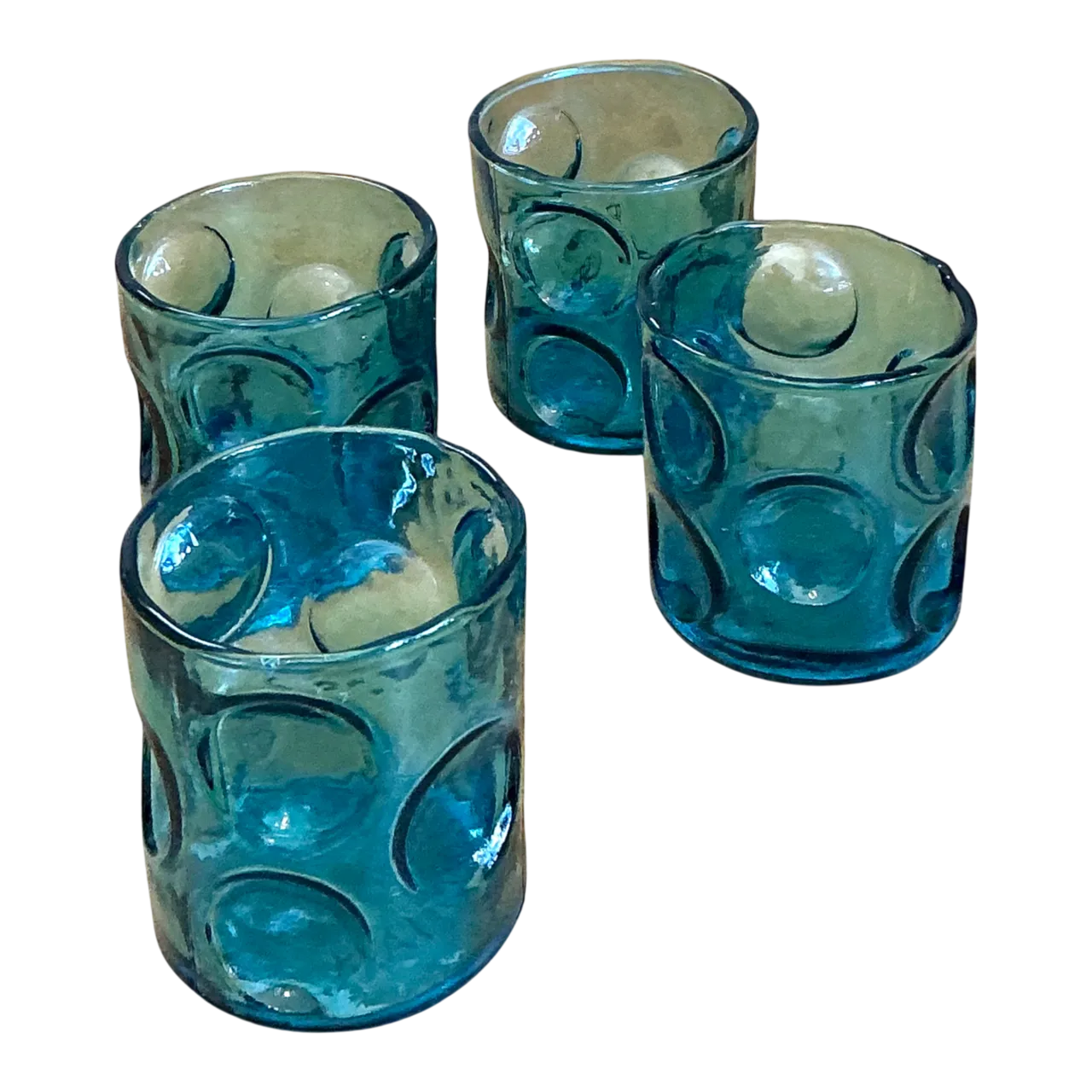 Vintage Blue Embossed Glass Shot Glasses - Set of 4