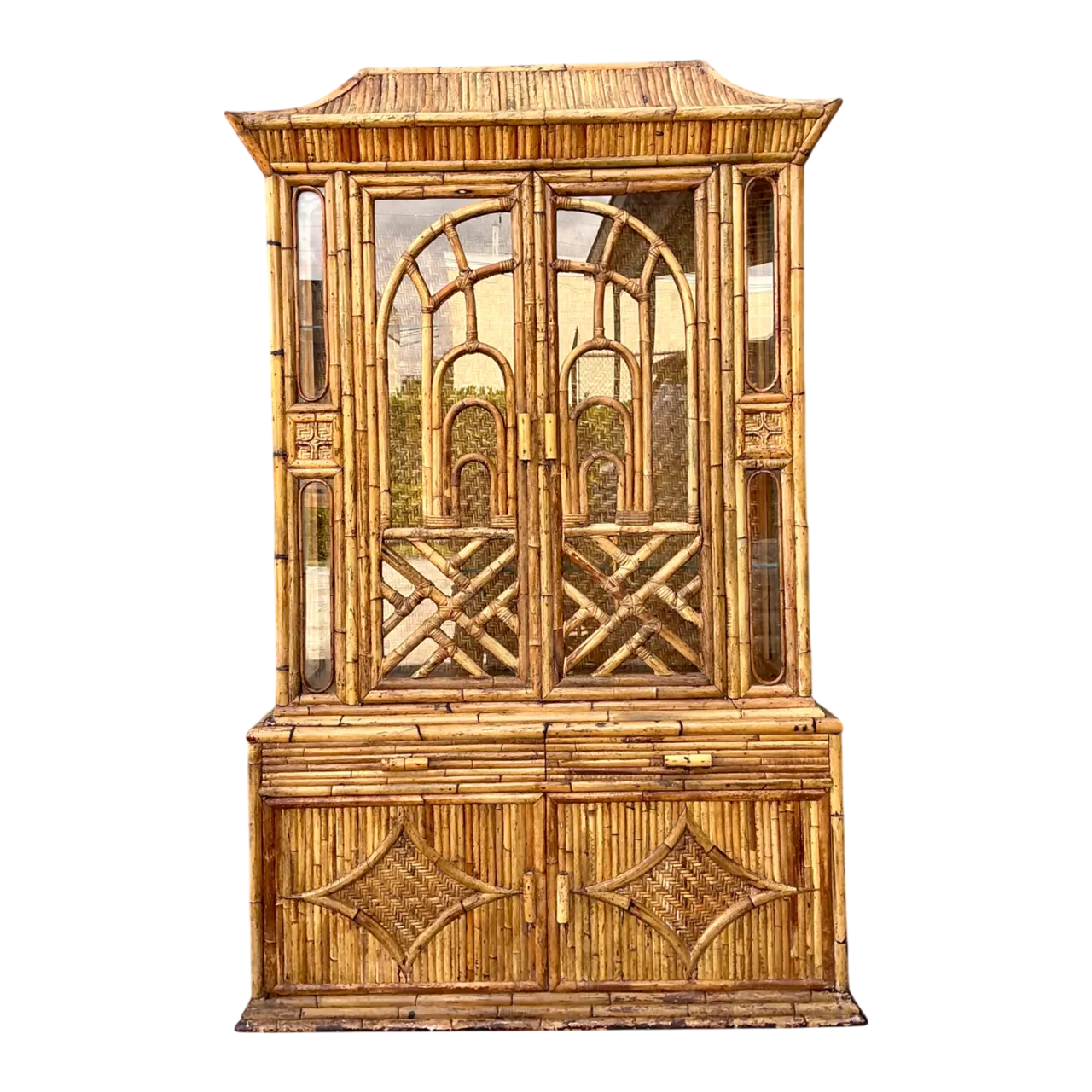 Vintage Chinoiserie Pagoda Rattan China Cabinet