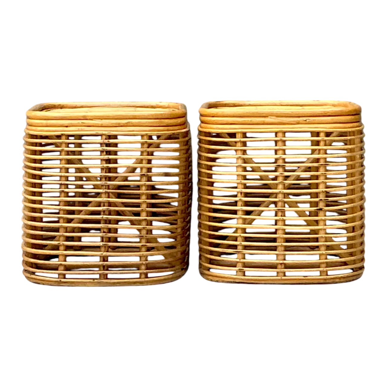 Vintage Woven Rattan Side Tables - Pair