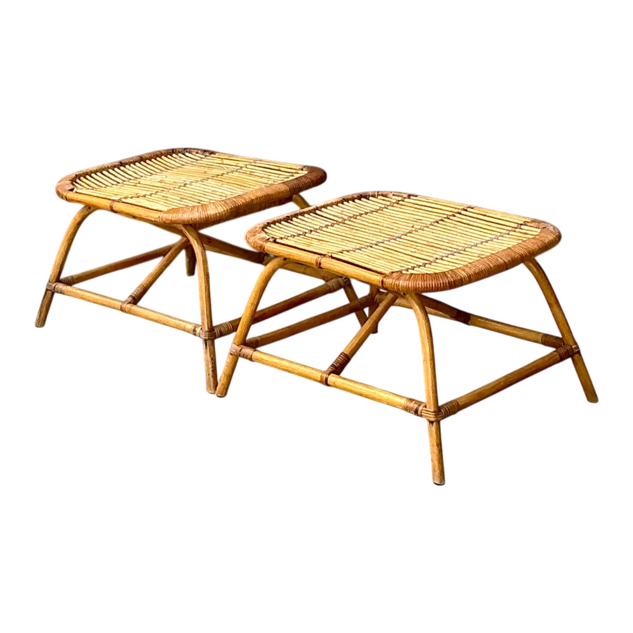 Vintage Rattan Low Stools - Pair