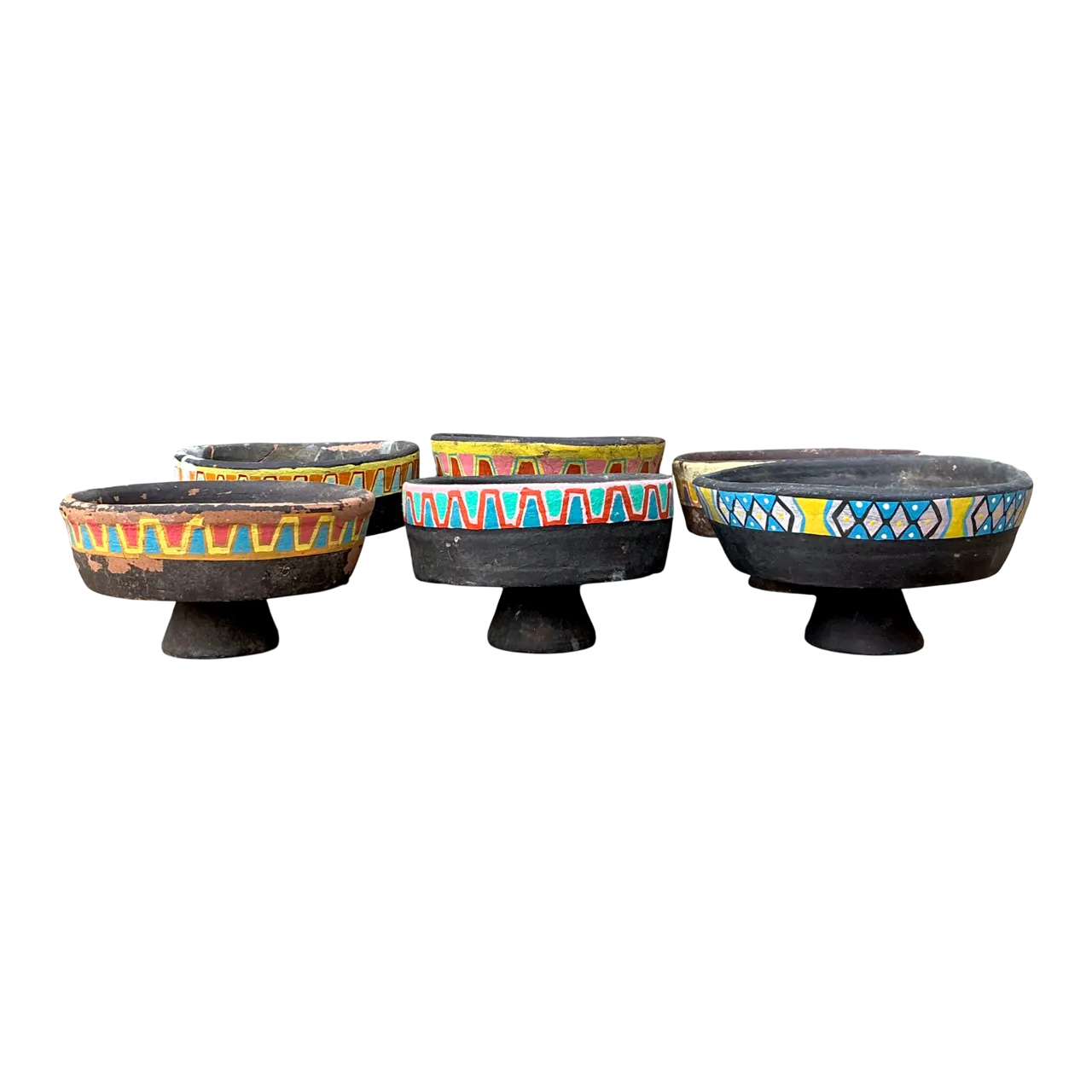 Vintage Painted Ceramic Pedestal Bowls - Set of 6