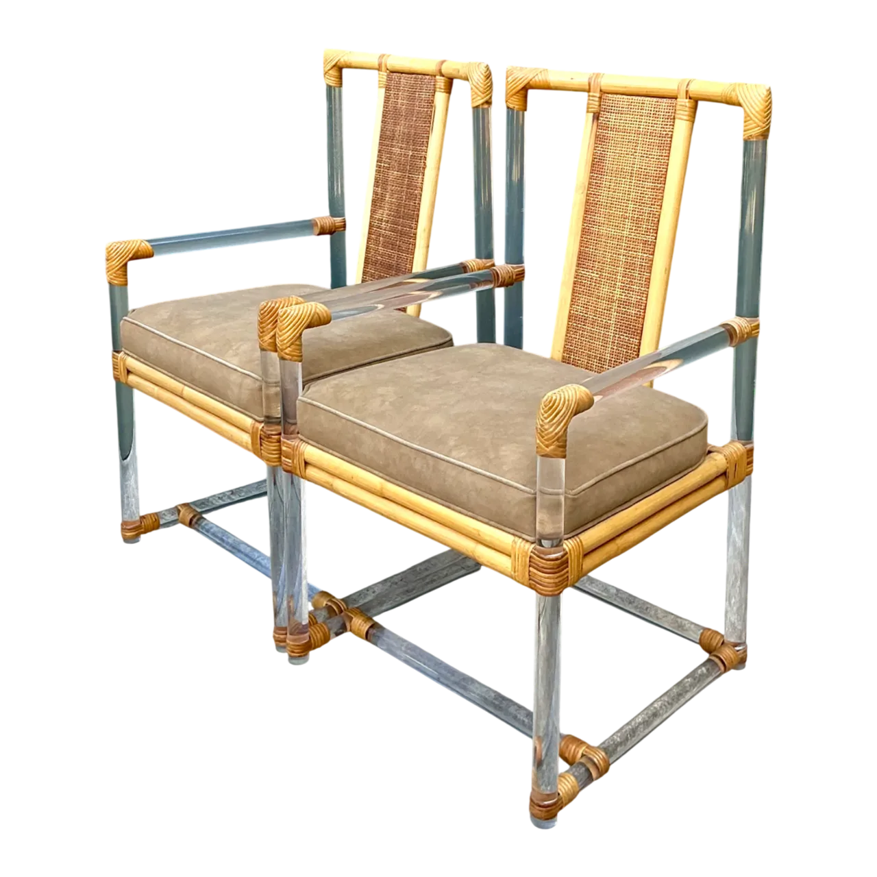 Vintage Four Seasons Lucite and Rattan Armchairs - Pair