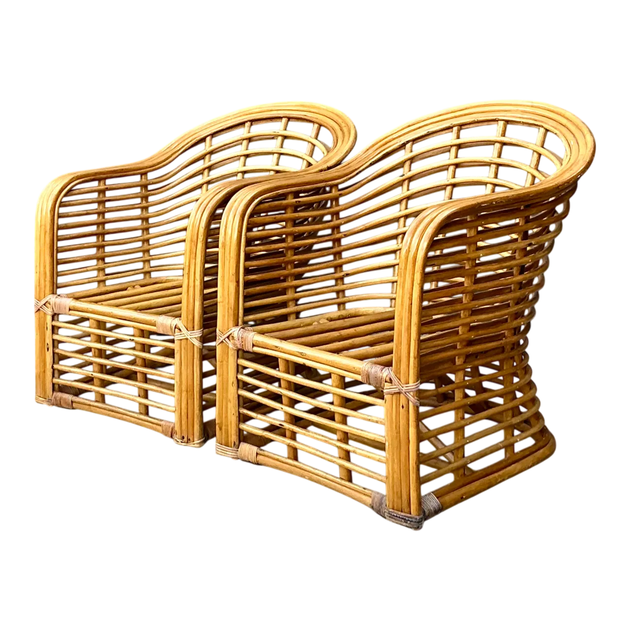 Vintage Stacked Rattan Lounge Chairs - Pair
