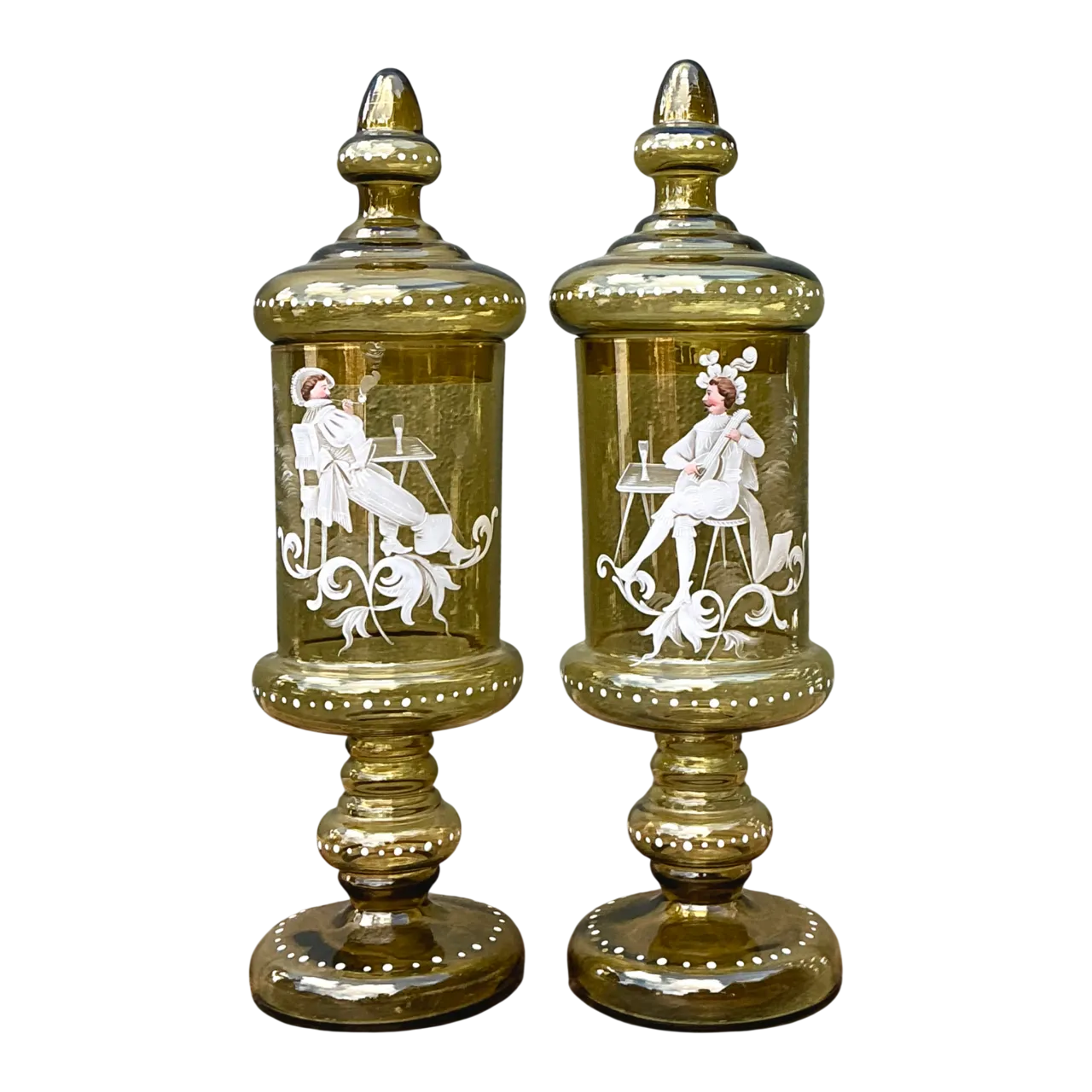 Vintage Hand-Painted Dandy Glass Apothecary Jars - Pair