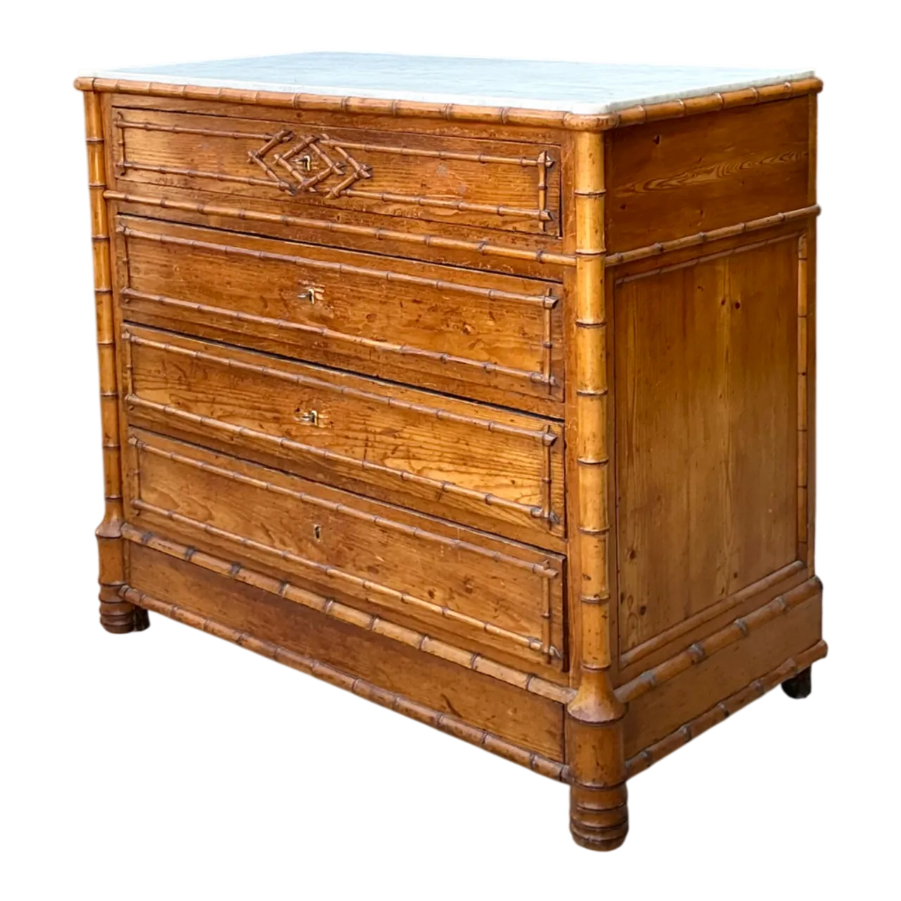 Vintage Wood and Marble Faux Bamboo Chest