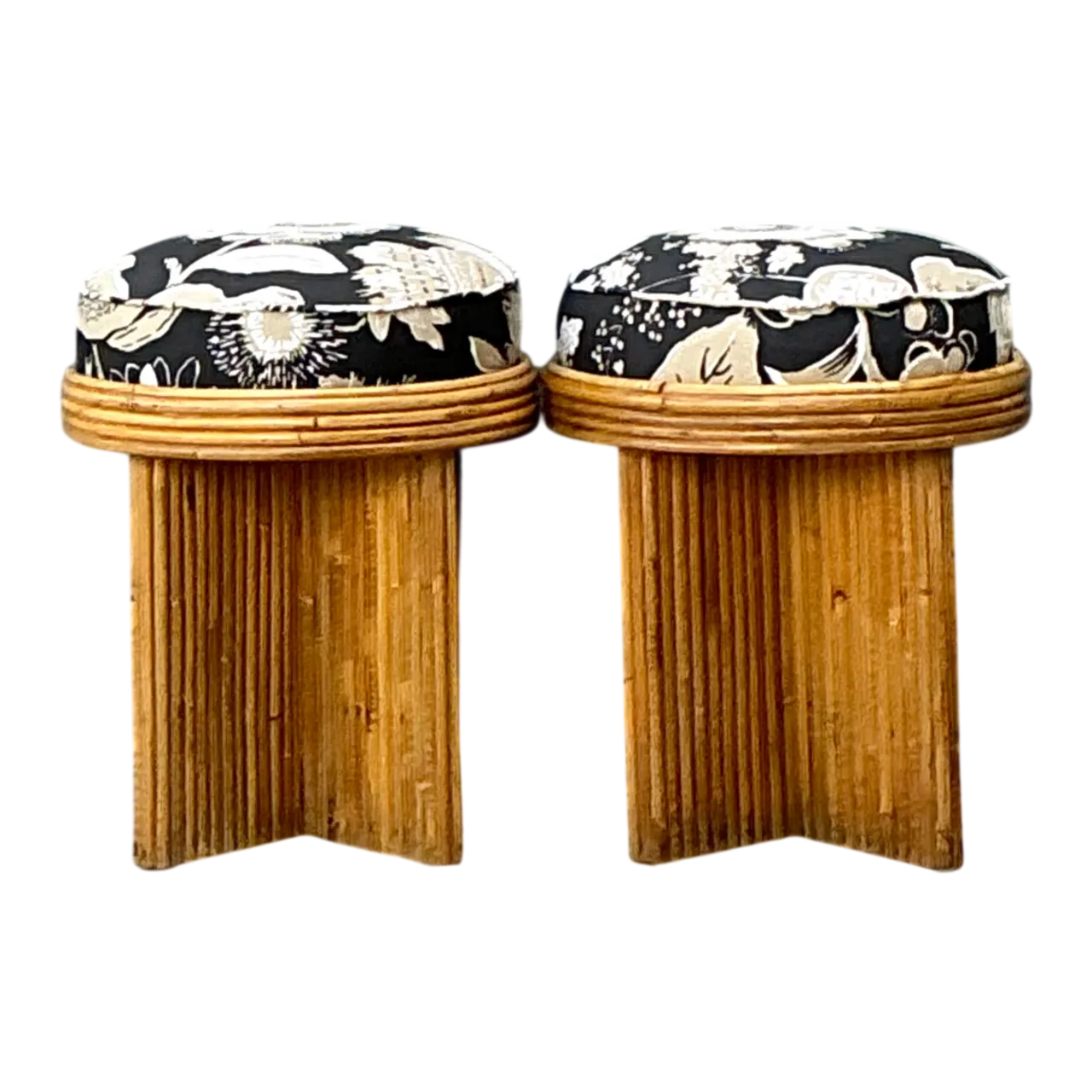 Vintage Schumacher Pencil Reed Upholstered Stools - Pair