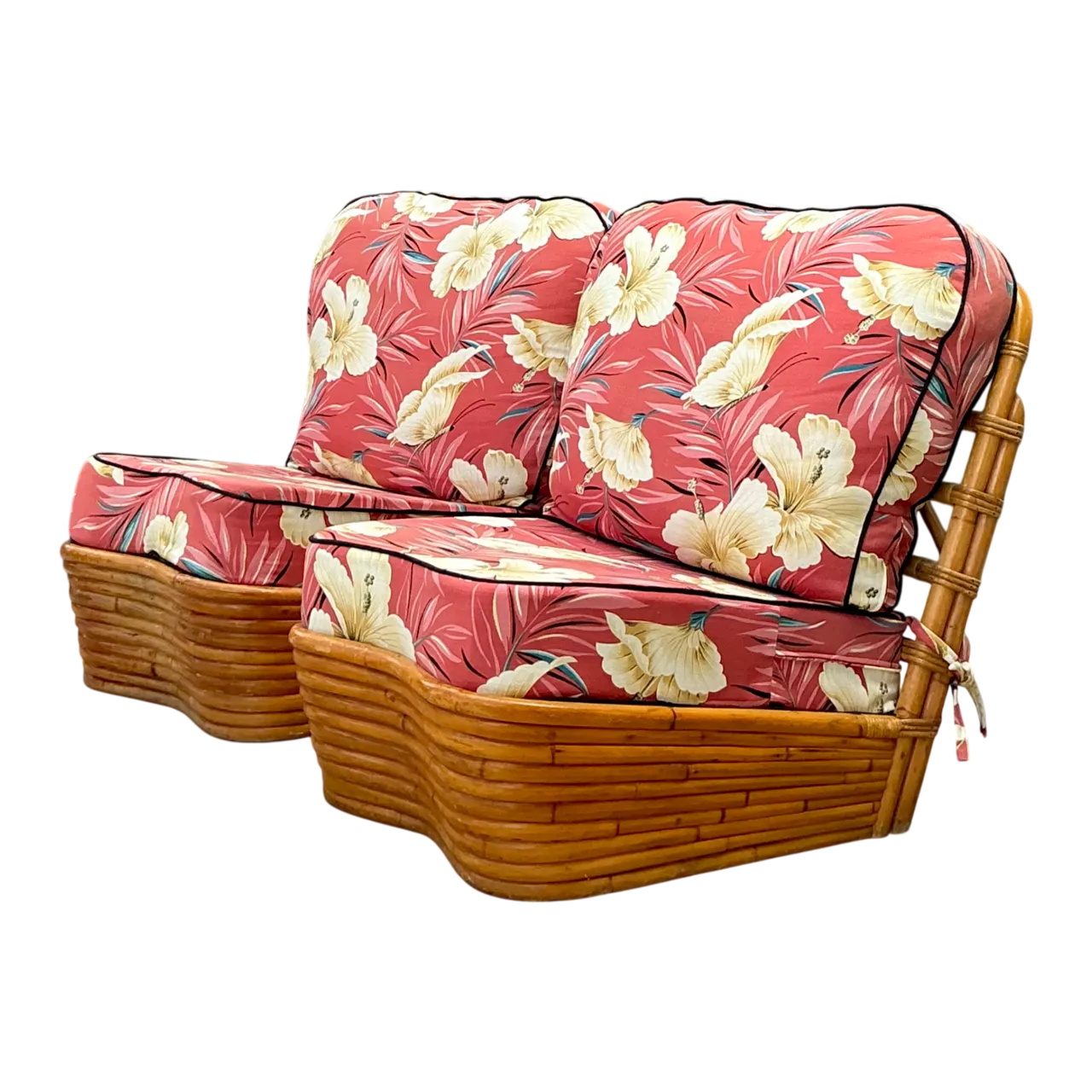 Vintage Stacked Wave Rattan Slipper Chairs After Paul Frankl