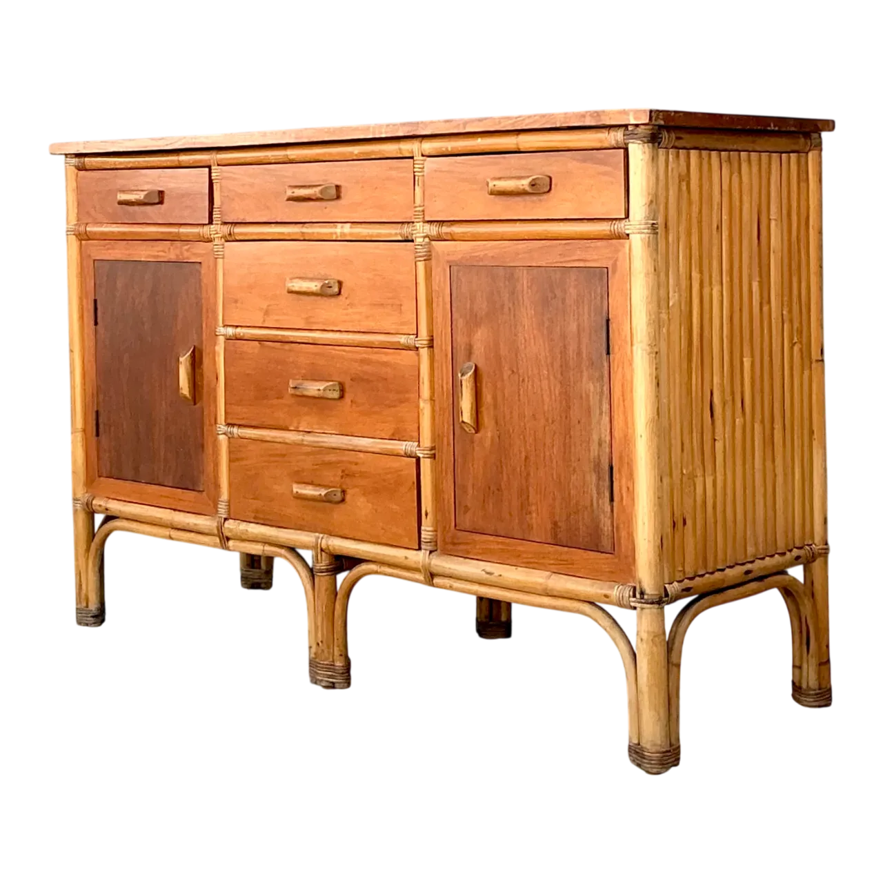 Vintage MCM Bamboo and Wood Credenza