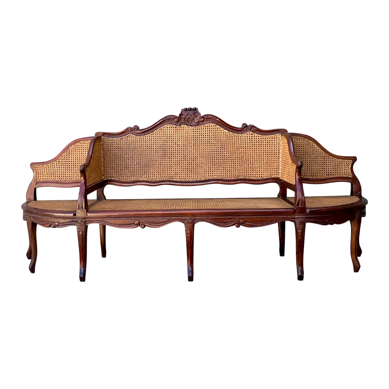 Vintage Carved Wood and Cane Settee