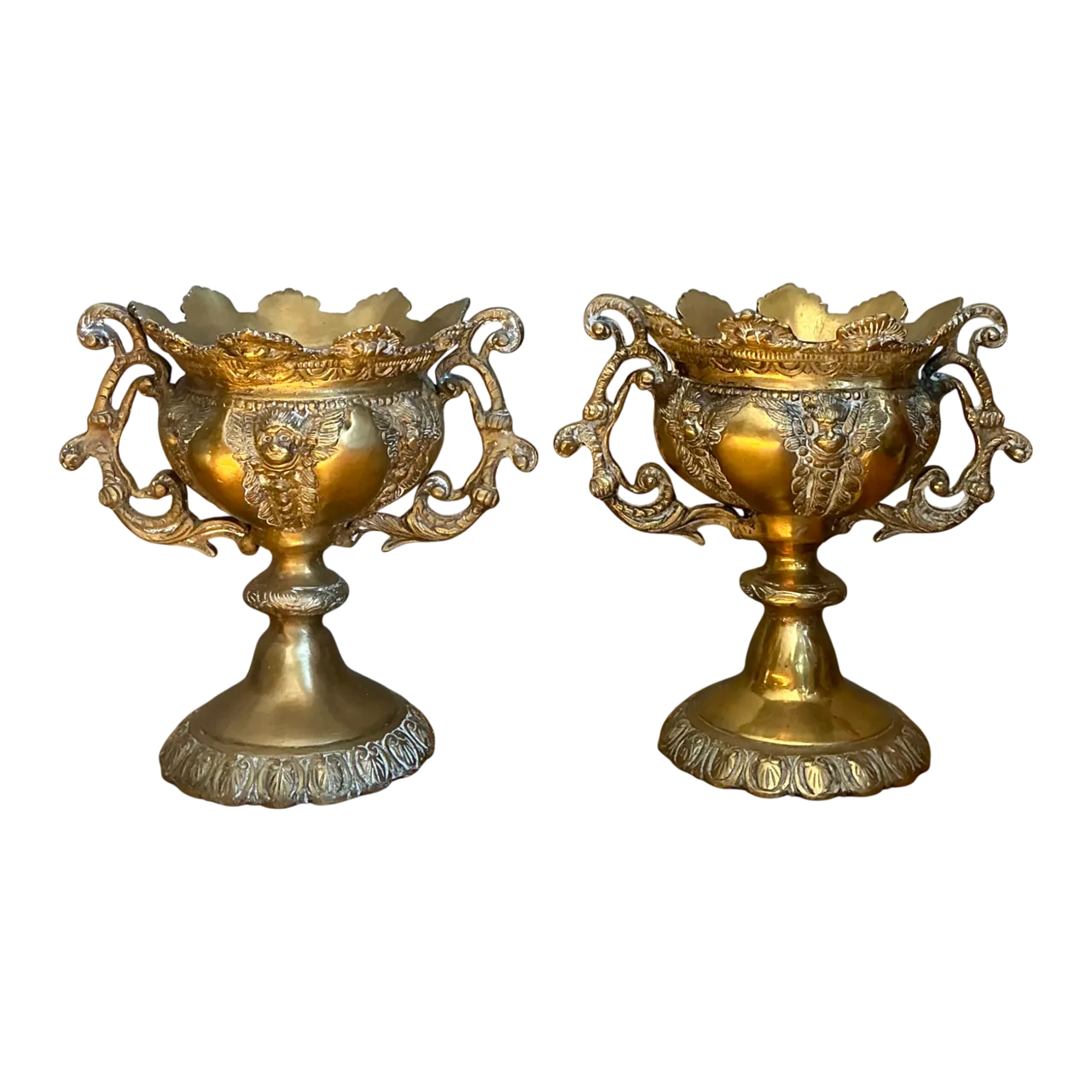 Vintage Brass Cherub Urns - A Pair