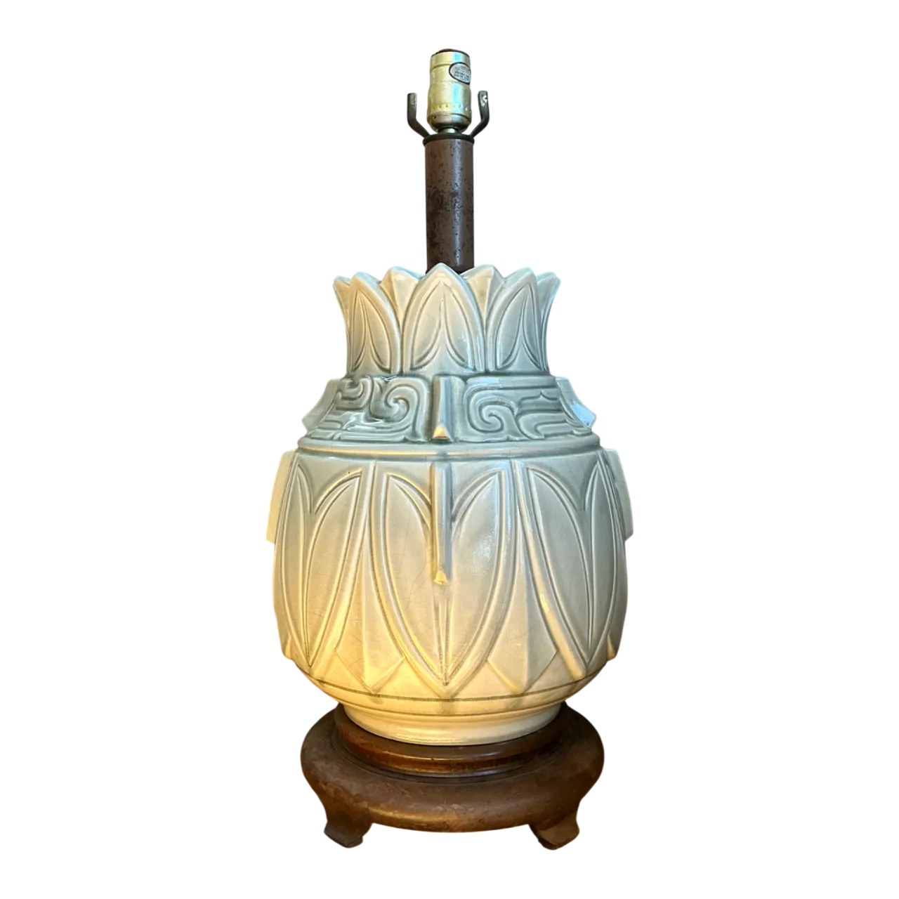 Vintage Glazed Ceramic Table Lamp with Wood Base