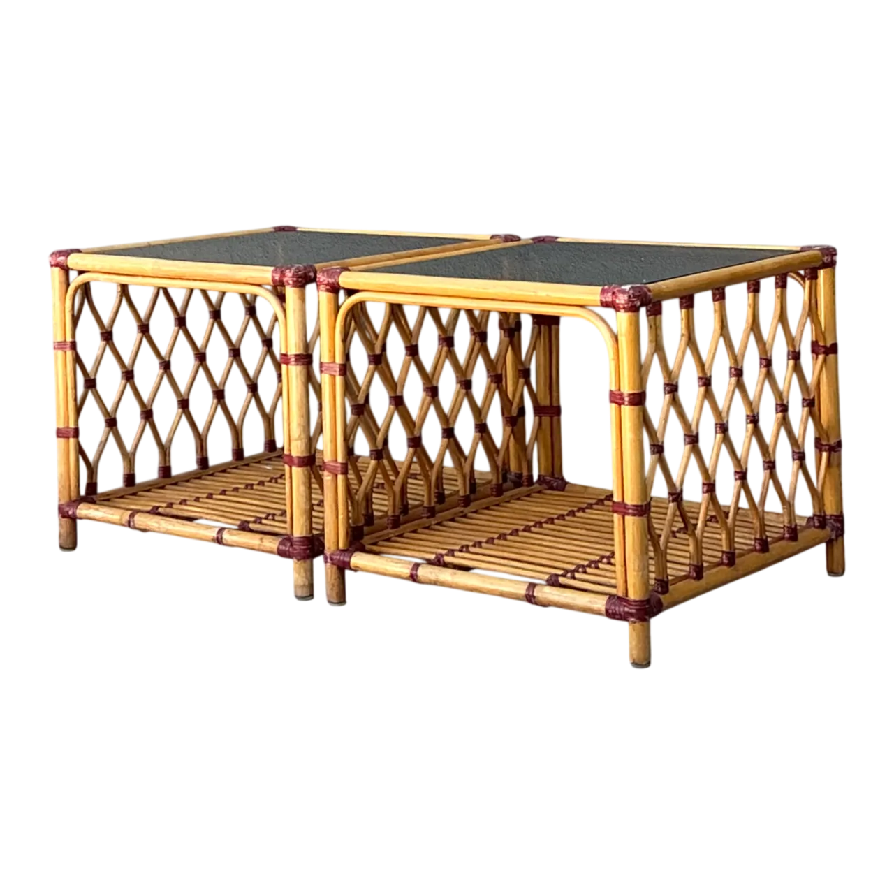 Vintage Trellis Rattan and Glass Side Tables - Pair