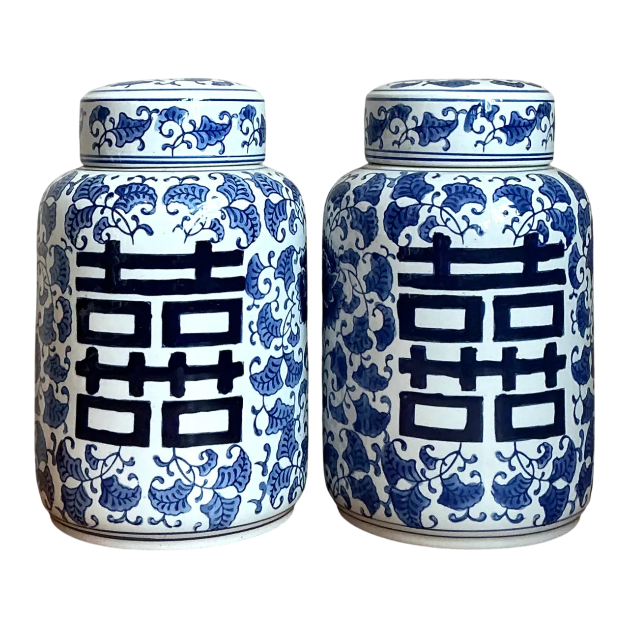 Vintage Asian Double Happiness Lidded Urns - A Pair