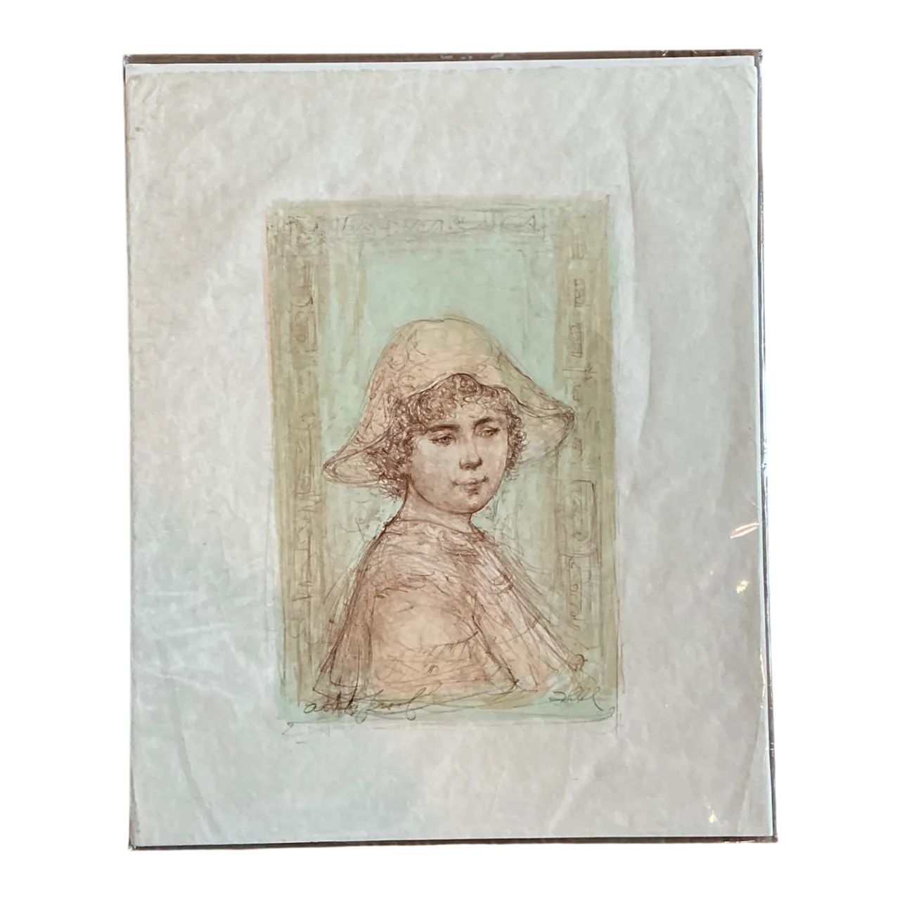 Vintage Hibble Portrait of Girl with Hat Lithograph