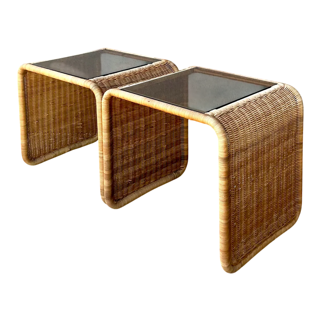 Vintage Rattan Waterfall Side Tables - Pair
