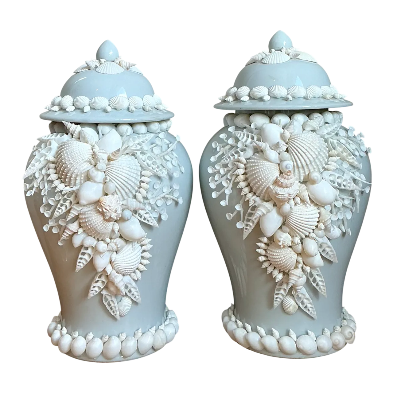 Vintage Shell Encrusted Lidded Ceramic Urns - Pair