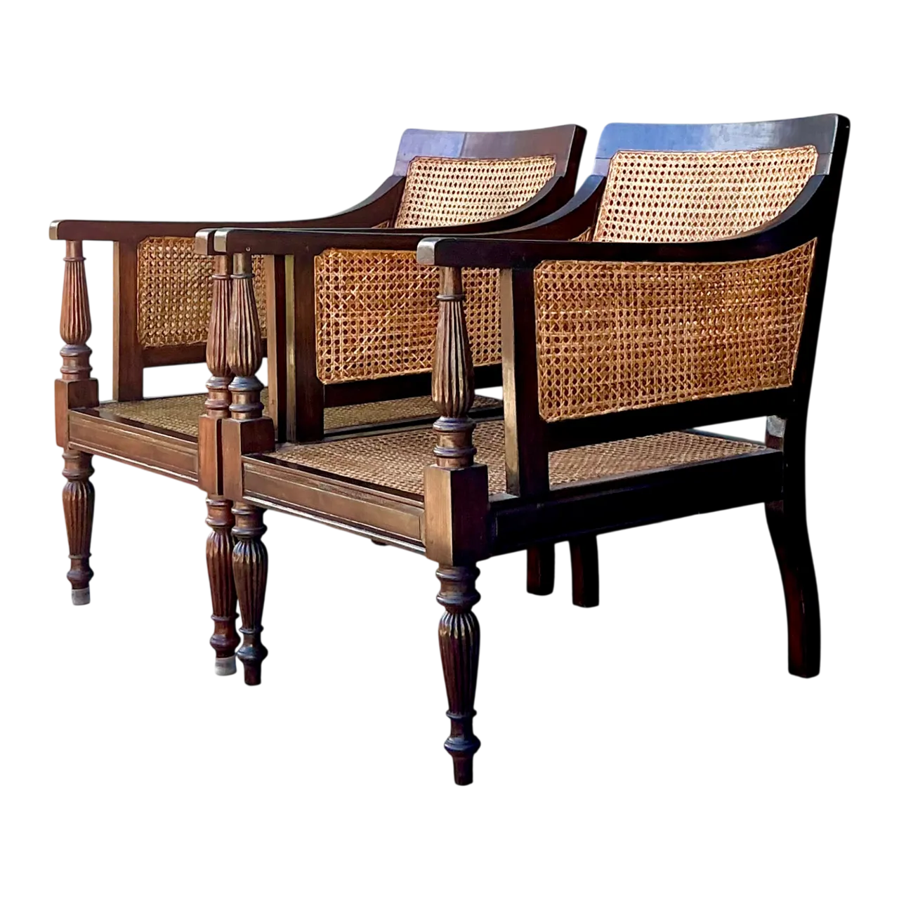 Vintage Carved Wood and Cane Chairs - Pair