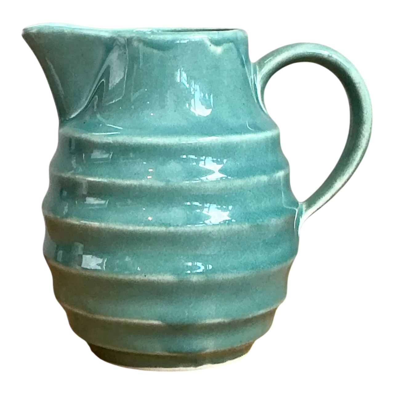 Vintage Aqua Ribbed Ceramic Pitcher