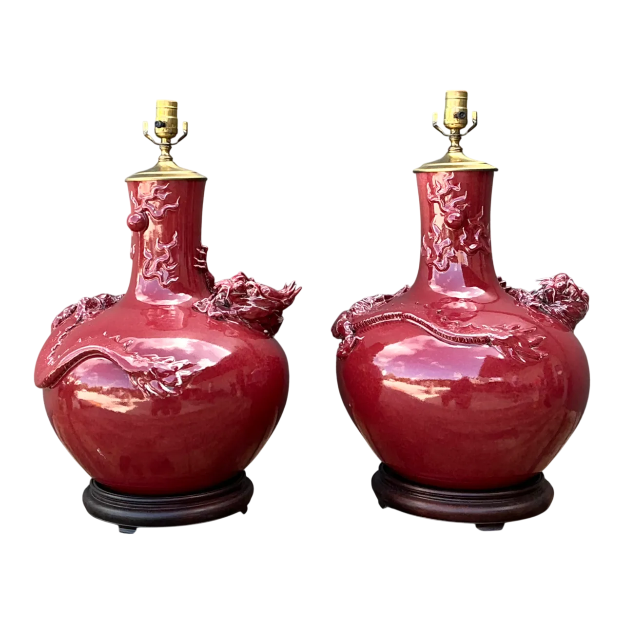 Vintage Red Ceramic Dragon Lamps - Pair