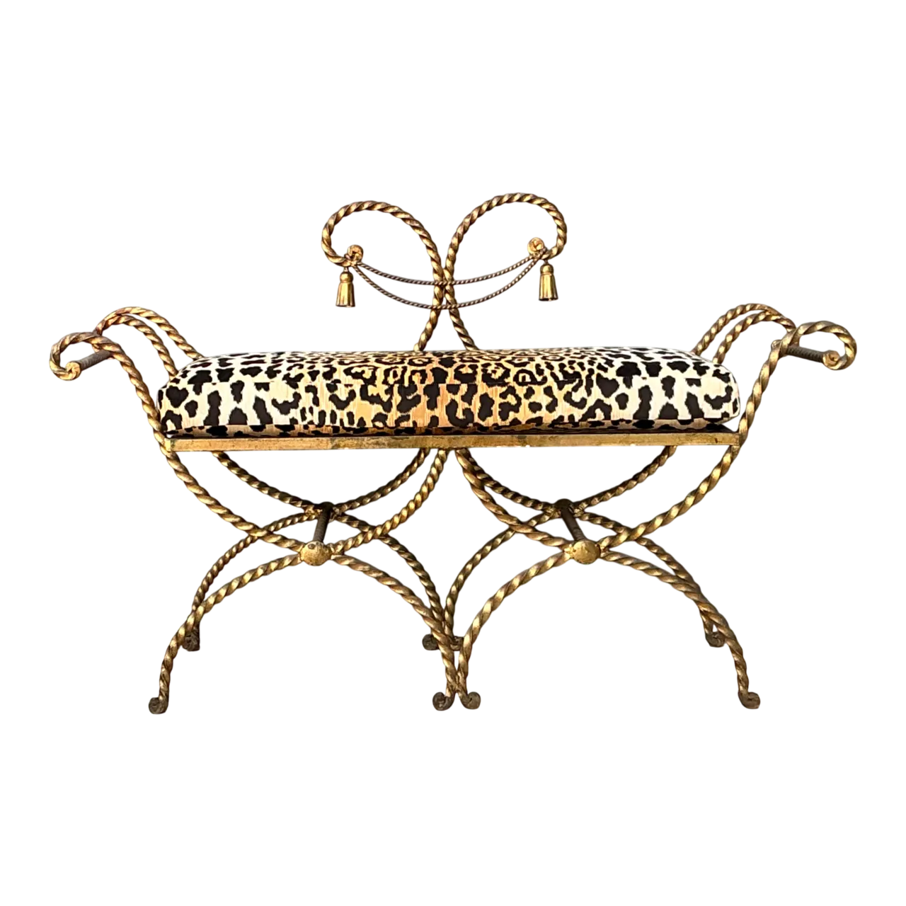 Vintage Twisted Metal Leopard Print Swag Bench