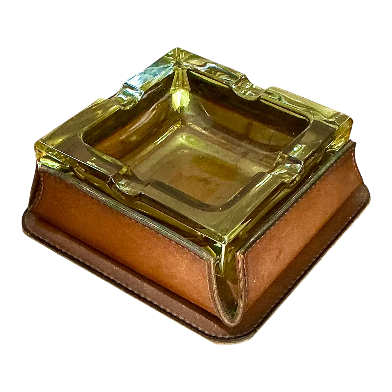 Mid-Century Modern Glass and Leather Ashtray