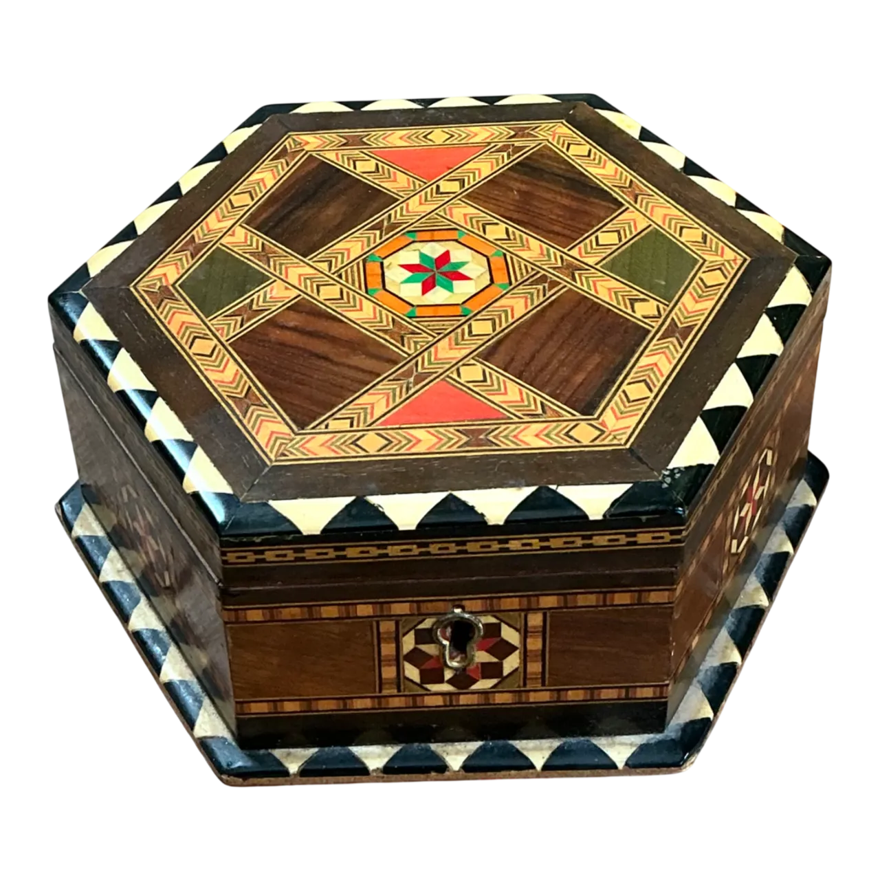 Vintage Inlaid Wood Hexagonal Box