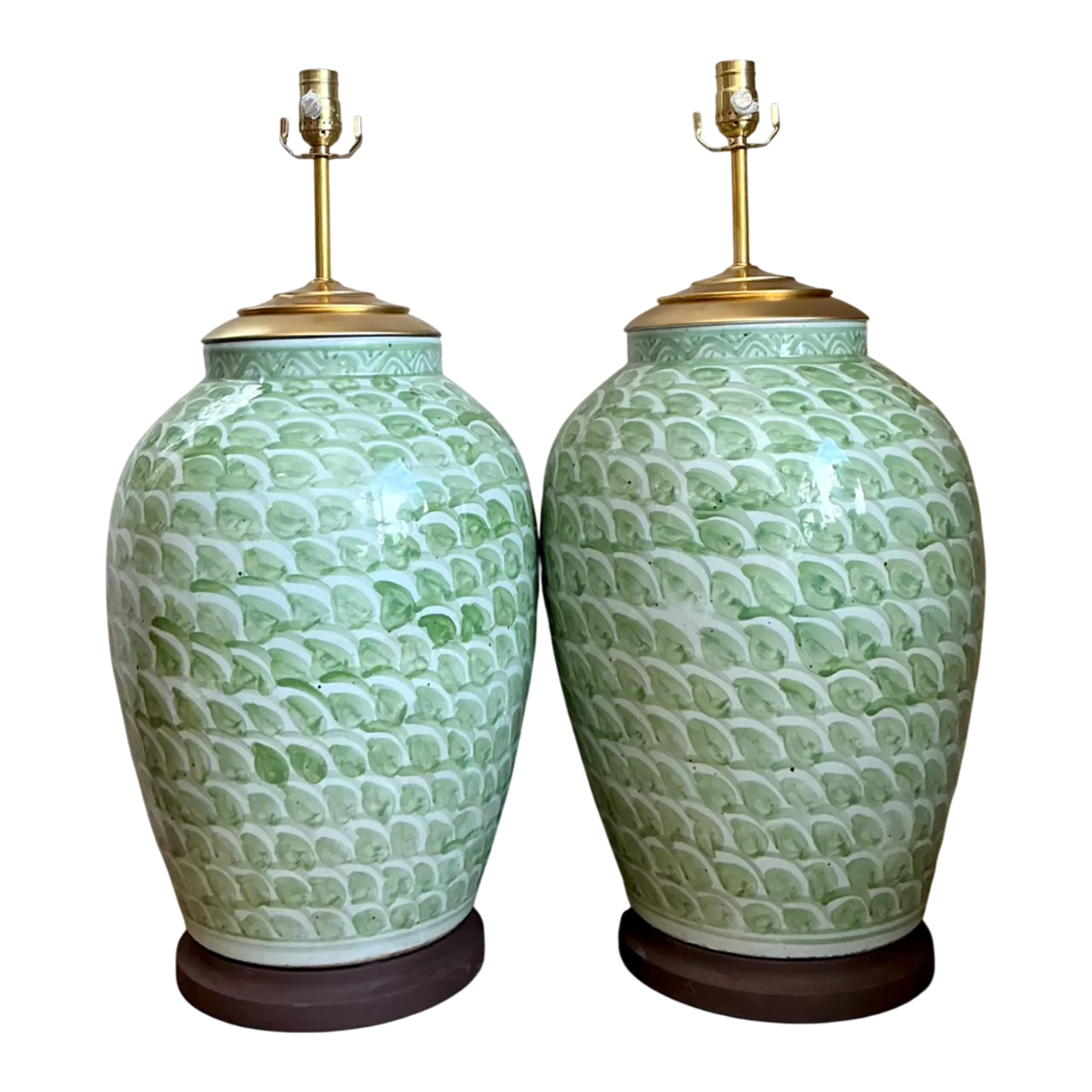 Vintage Monumental Scalloped Green Ceramic Lamps - Pair