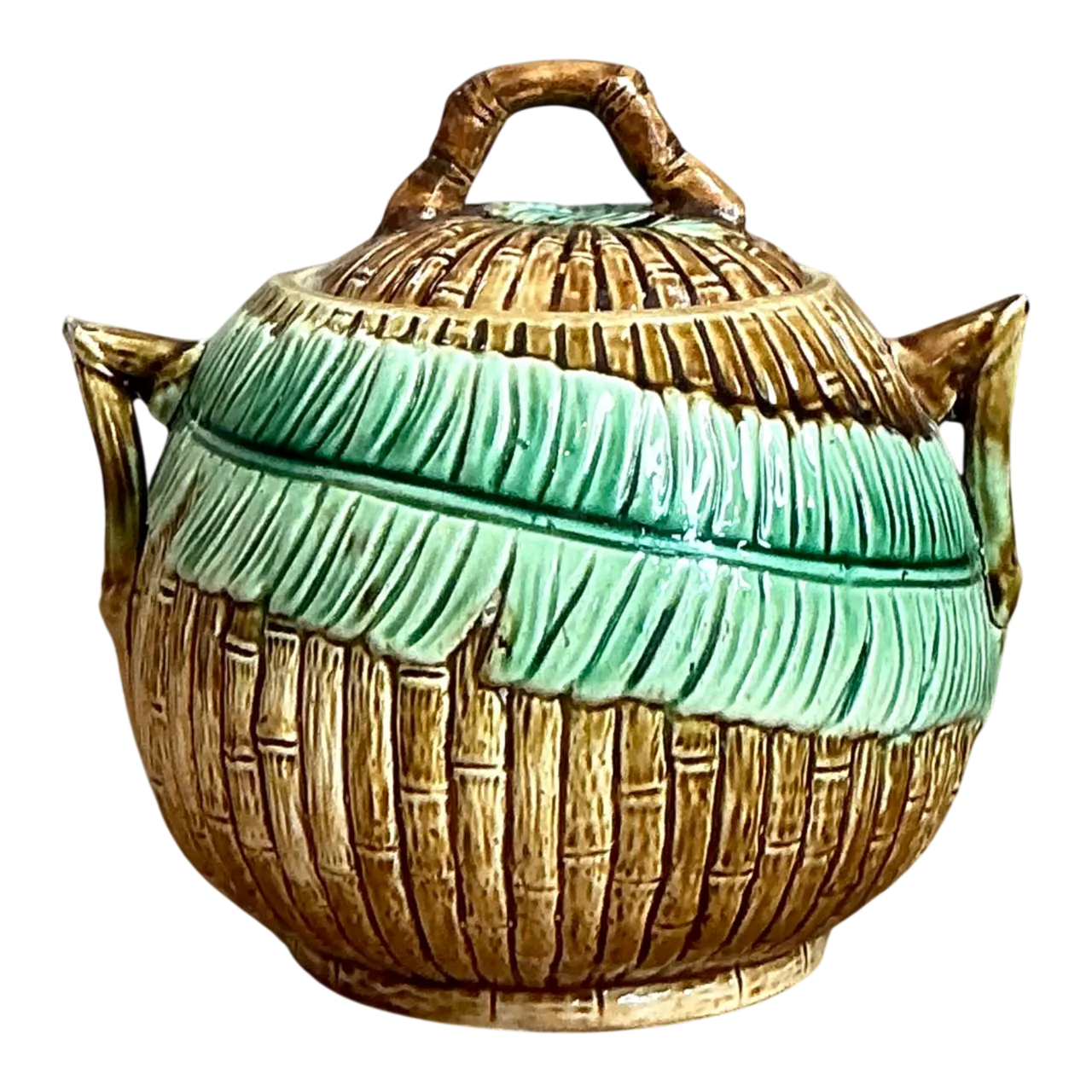 Vintage Majolica Bamboo and Leaf Lidded Bowl
