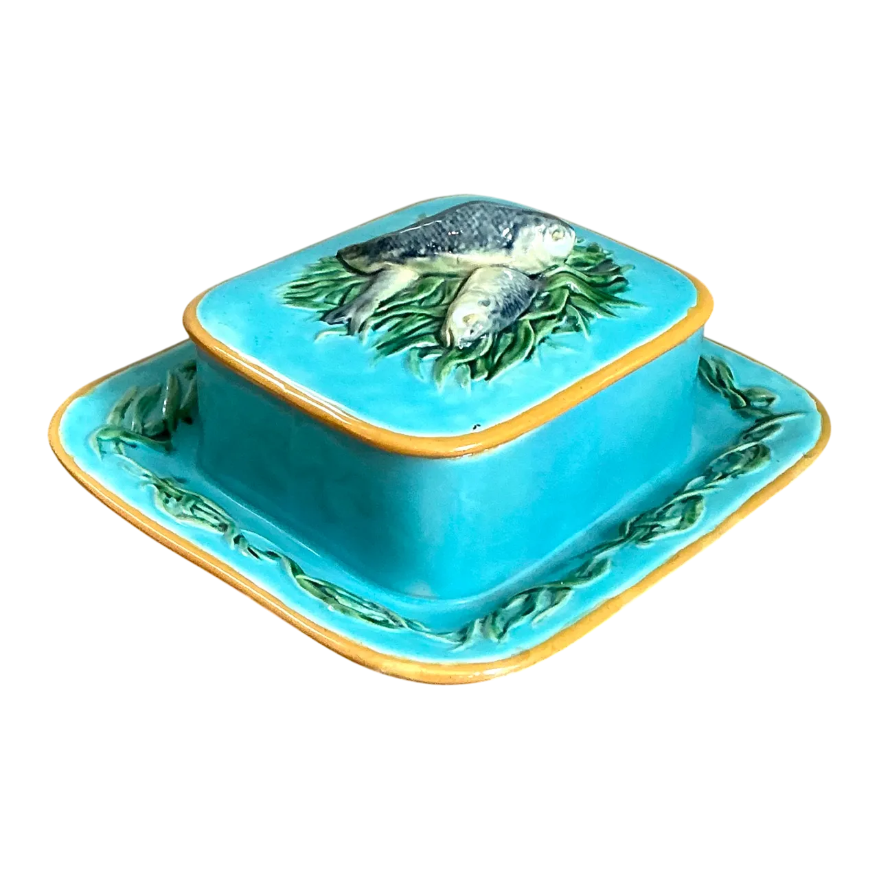 George Jones Majolica Ceramic Covered Dish With Fish Motif
