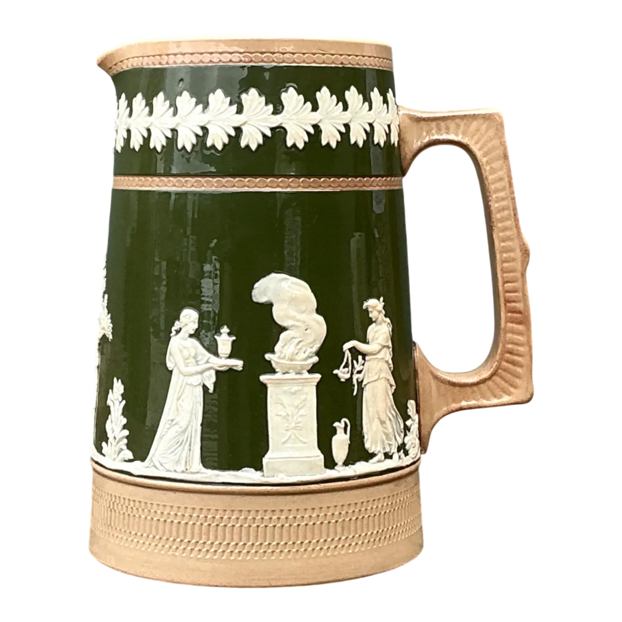 Vintage Spode Copeland Green and Tan Relief Ceramic Pitcher