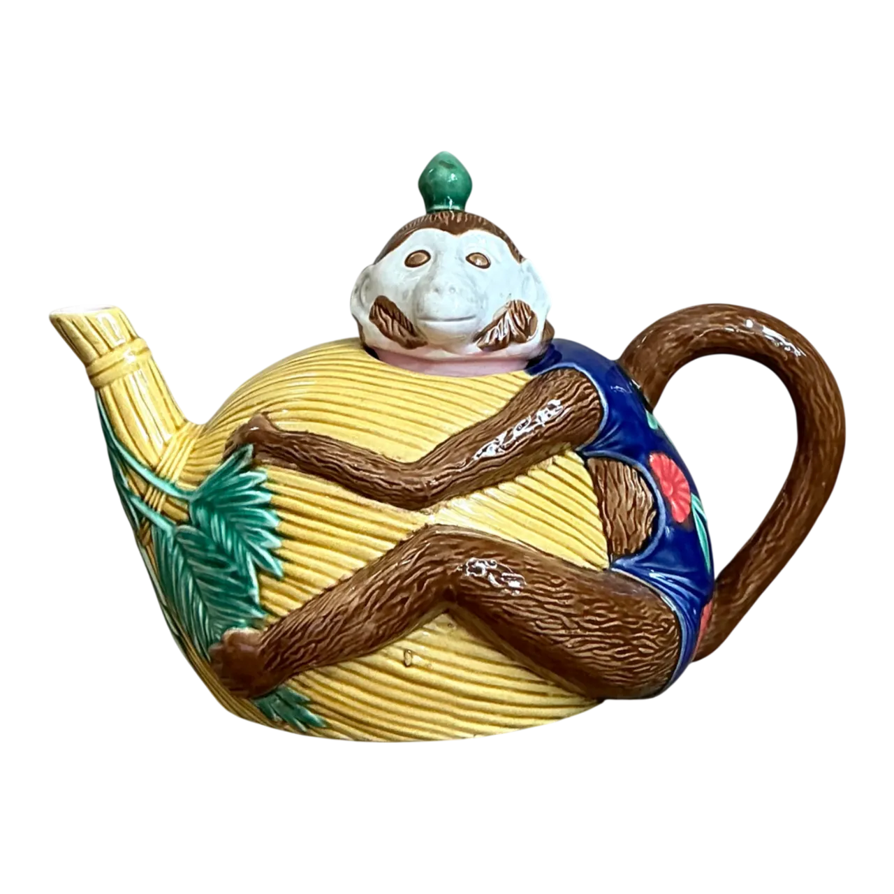 Vintage Hand-Painted Glazed Ceramic Monkey Teapot