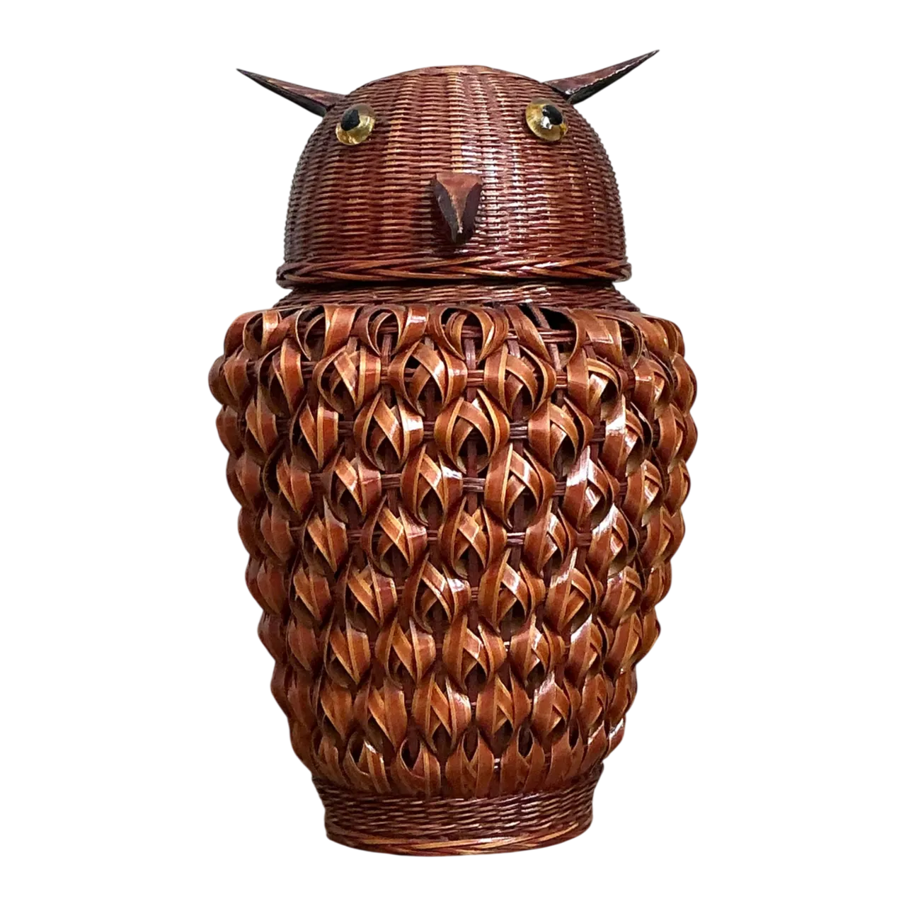 Vintage Woven Owl Basket With Glass Insert