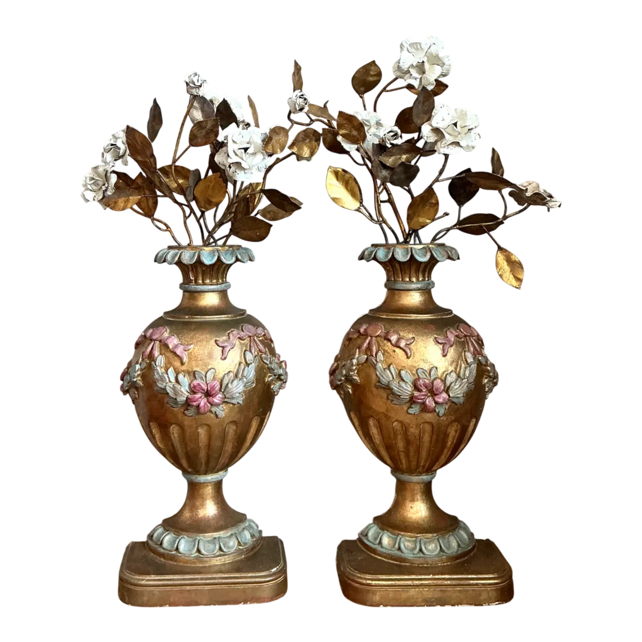 Vintage Italian Gold Plated Floral Urn Wall Sculptures - Pair