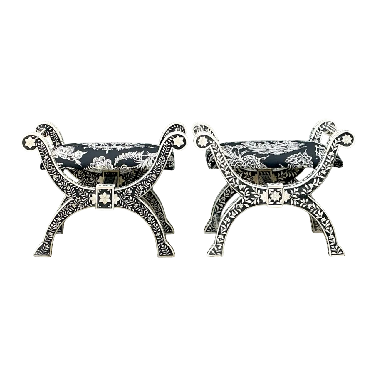 Vintage Bone Inlay Curule Stools In Quadrille “Royal Journey” - Pair